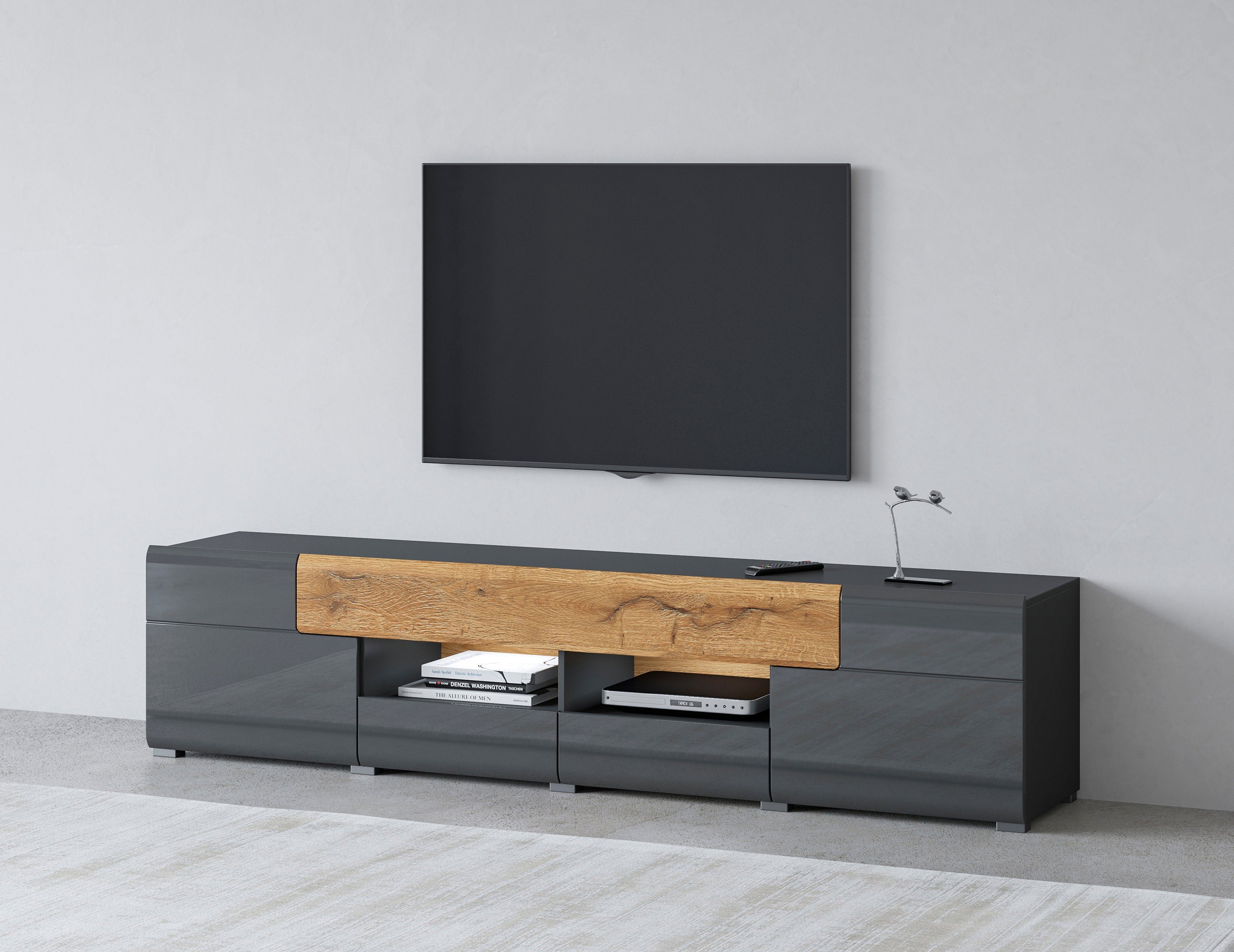 INOSIGN Lowboard Toledo,Breite 209cm, trendige TV-Schrank mit dekorative Fräsungen, TV-Board ohne Beleuchtung, TV-Kommode mit viel Stauraum