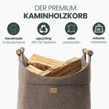 Easy and Green Kaminholzkorb Filz mit Echtholzhenkeln (Eiche) und Aufsatztaschen, Made in Germany
