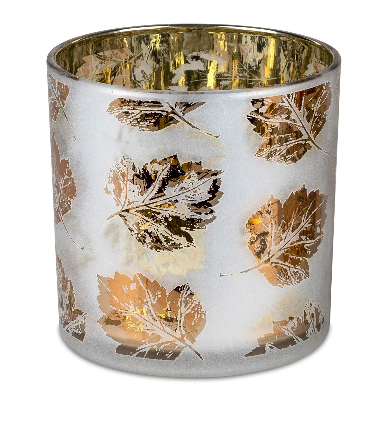 dekojohnson Windlicht Windlicht-Glas Teelichthalter Blätterdekor 15cm