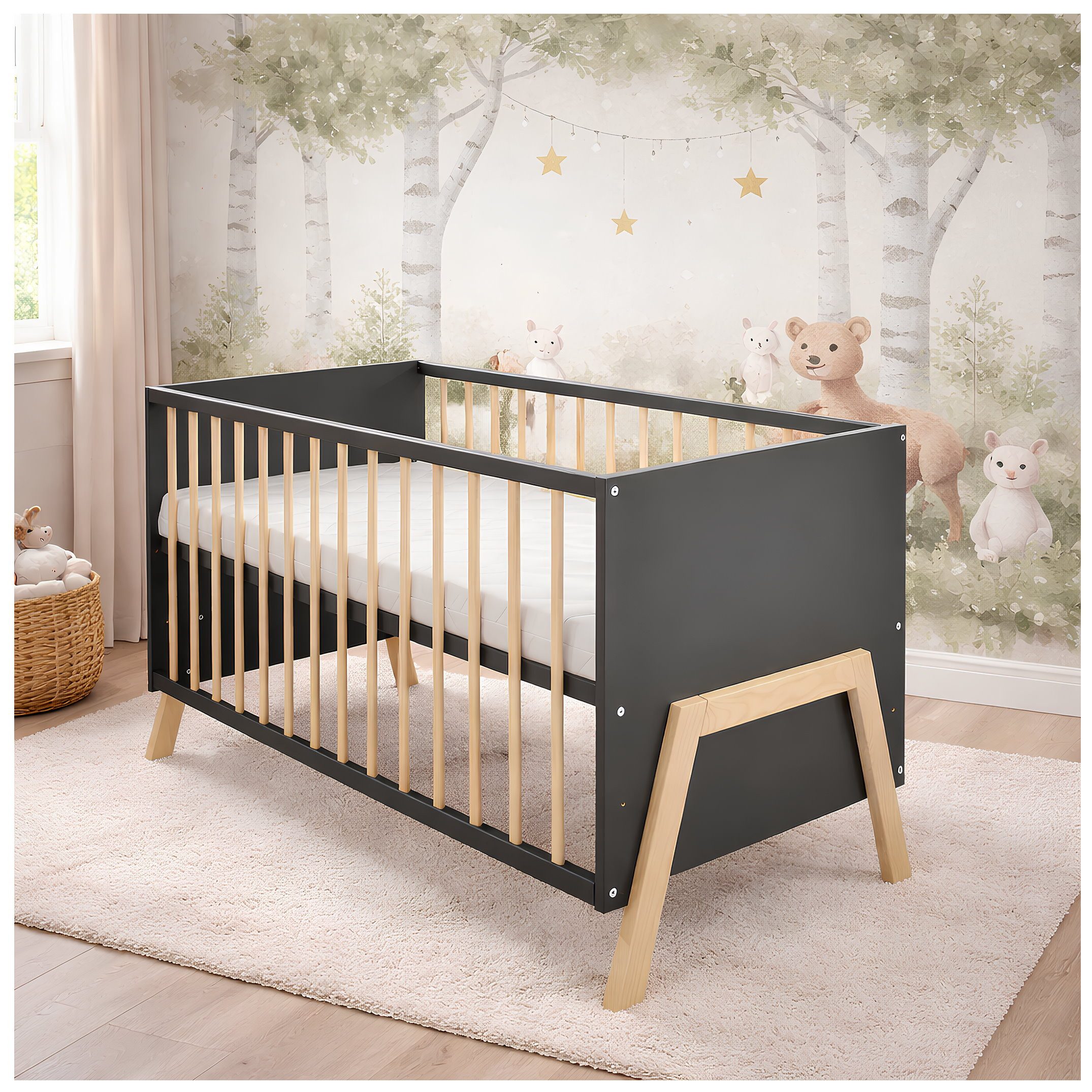 Baby-Delux Babybett Juna Kiefer umbaugitter, Kinderbett 60x120 umbaubar Schutzgitter Matratze