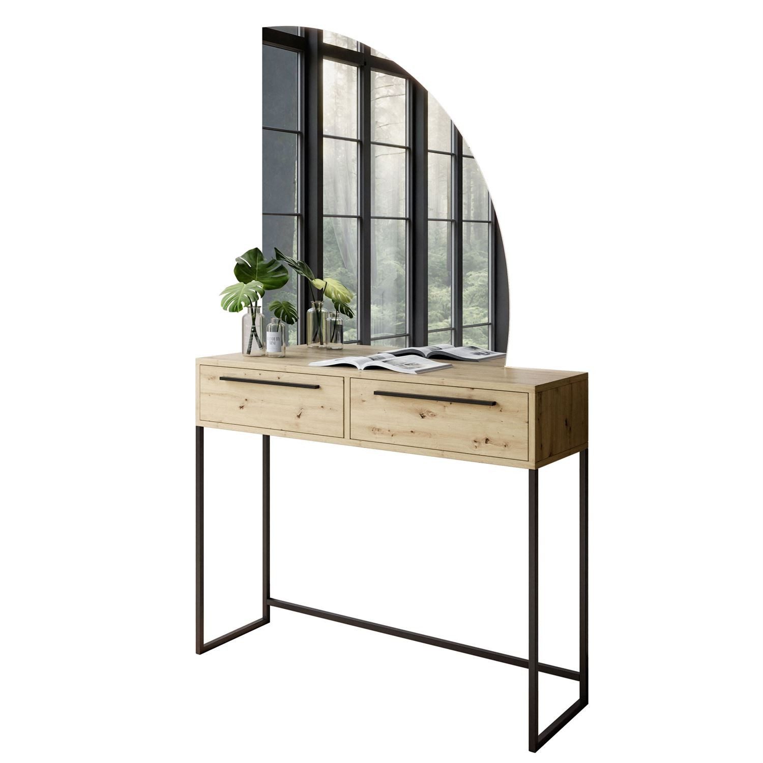 ALLHOUSE24 Schminktisch Artisan Eiche mit halbmond Spiegel mit LED Beleuchtung Kosmetiktisch, Breite 100 cm