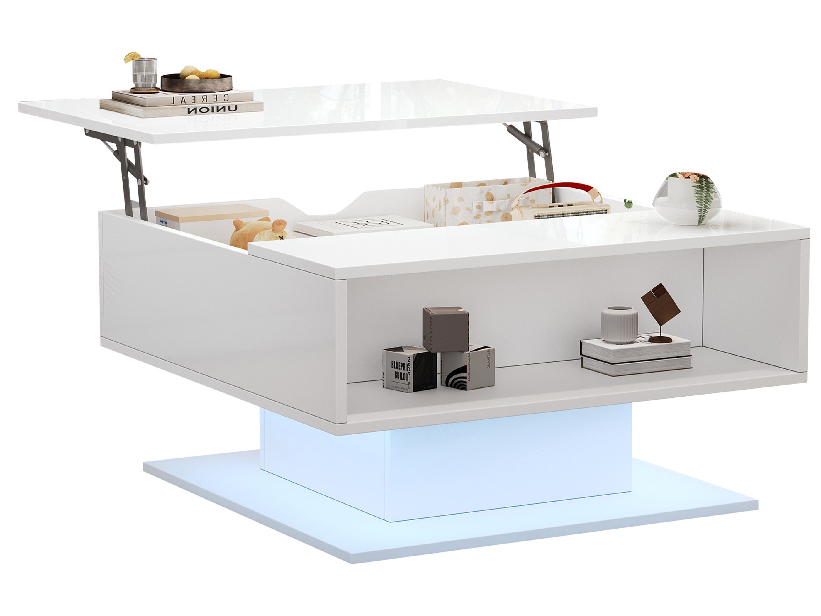SeedWave Couchtisch Hochglänzender Sofatisch mit Anhebbarer Tischplatte, LED-Beleuchtung, verstecktes / Halboffenes Fach, Säulenbasis