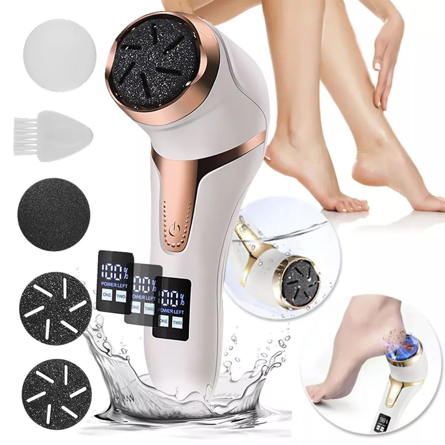 oyajia Elektrischer Hornhautentferner Fußschleifer, wiederaufladbar, 2 Geschwindigkeiten, 3 Schleifköpfe, set, 1-tlg., Staubsauger mit Hautschuppen, LCD-Display, Fußpediküre-Werkzeug, professionelles Fußpflegeset, wasserdicht