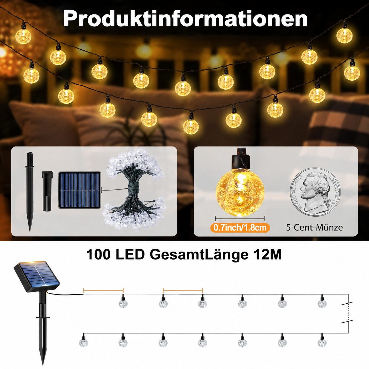 Toomoke LED Solarleuchte LED Solarleuchten,Garten Kugel Lichterkette,Außen Solar Gartenleuchte, 12M/39FT, 100LEDs Lichterkette, Warmweiß, mit Fernbedienung,für Camping, Garten und Partys