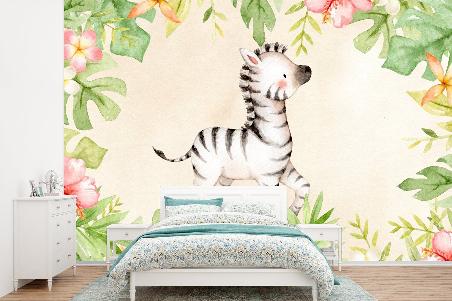 MuchoWow Fototapete Zebra - Dschungel - Aquarell, Matt, bedruckt, (6 St), Wallpaper für Wohnzimmer, Schlafzimmer, Kinderzimmer, Vinyl Tapete