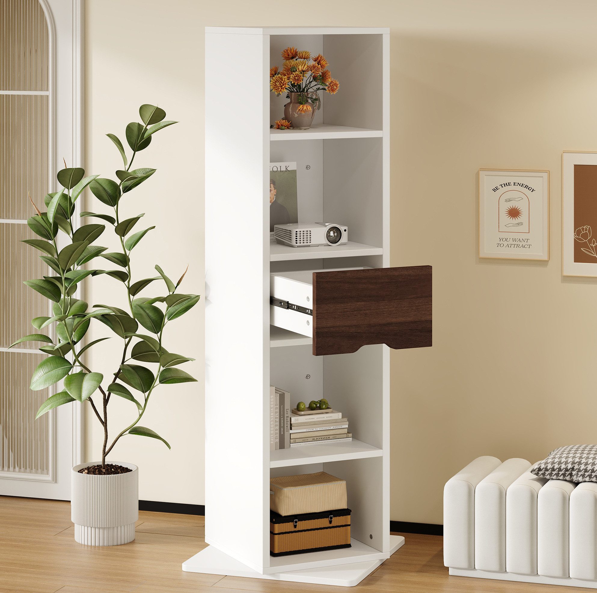 OKWISH Spiegelschrank Hochschrank Badschrank (Drehbarer Badezimmermöbel 45 x 45 x 168 cm mit Ganzkörperspiegel, offenen Ablagefächern und Schublade, freistehender Aufbewahrungsschrank)