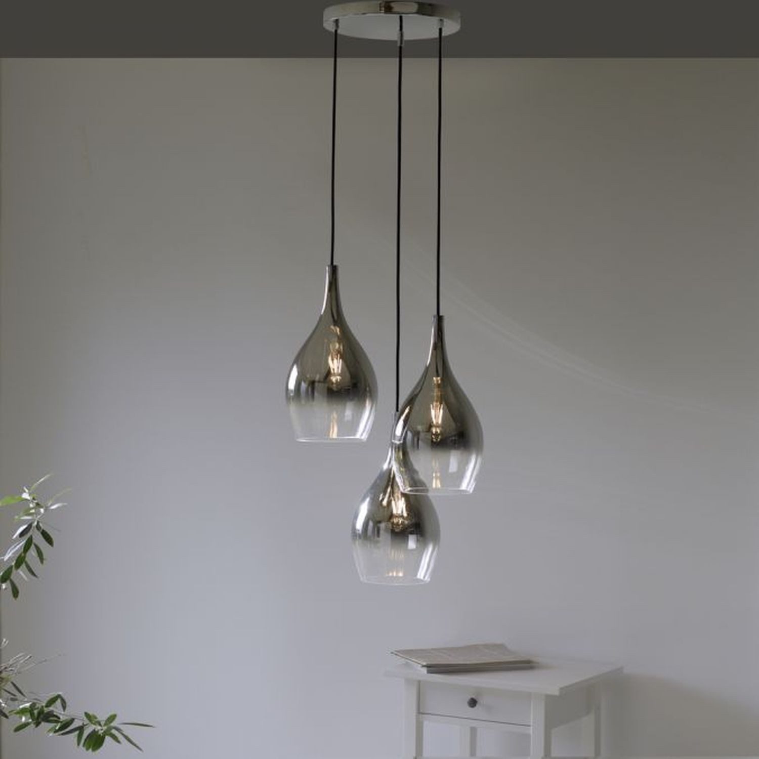 Licht-Erlebnisse Pendelleuchte SWIFO, ohne Leuchtmittel, Metall Glas E27 43 cm breit H: max. 120 cm Chrom Anthrazit 3-flammig