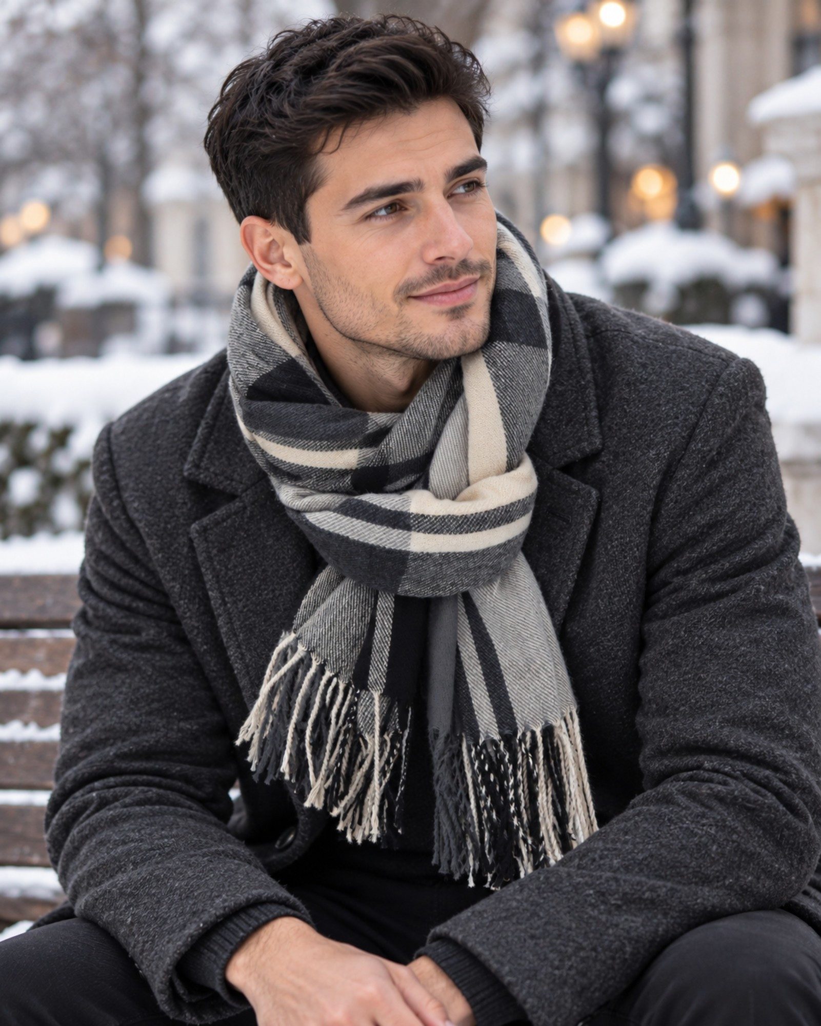 Ella Jonte Modeschal, Schwarz Beige Grau weicher Winterschal, wärmend & modern gemustert