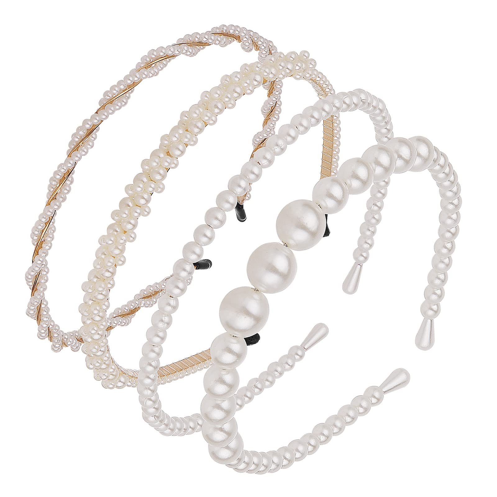 POCHUMIDUU Haargummi 4 Stück Weiße Perlen Stirnbänder Kunstperlen Headband, 4-tlg., Braut Headband Party Hochzeit Haarschmuck