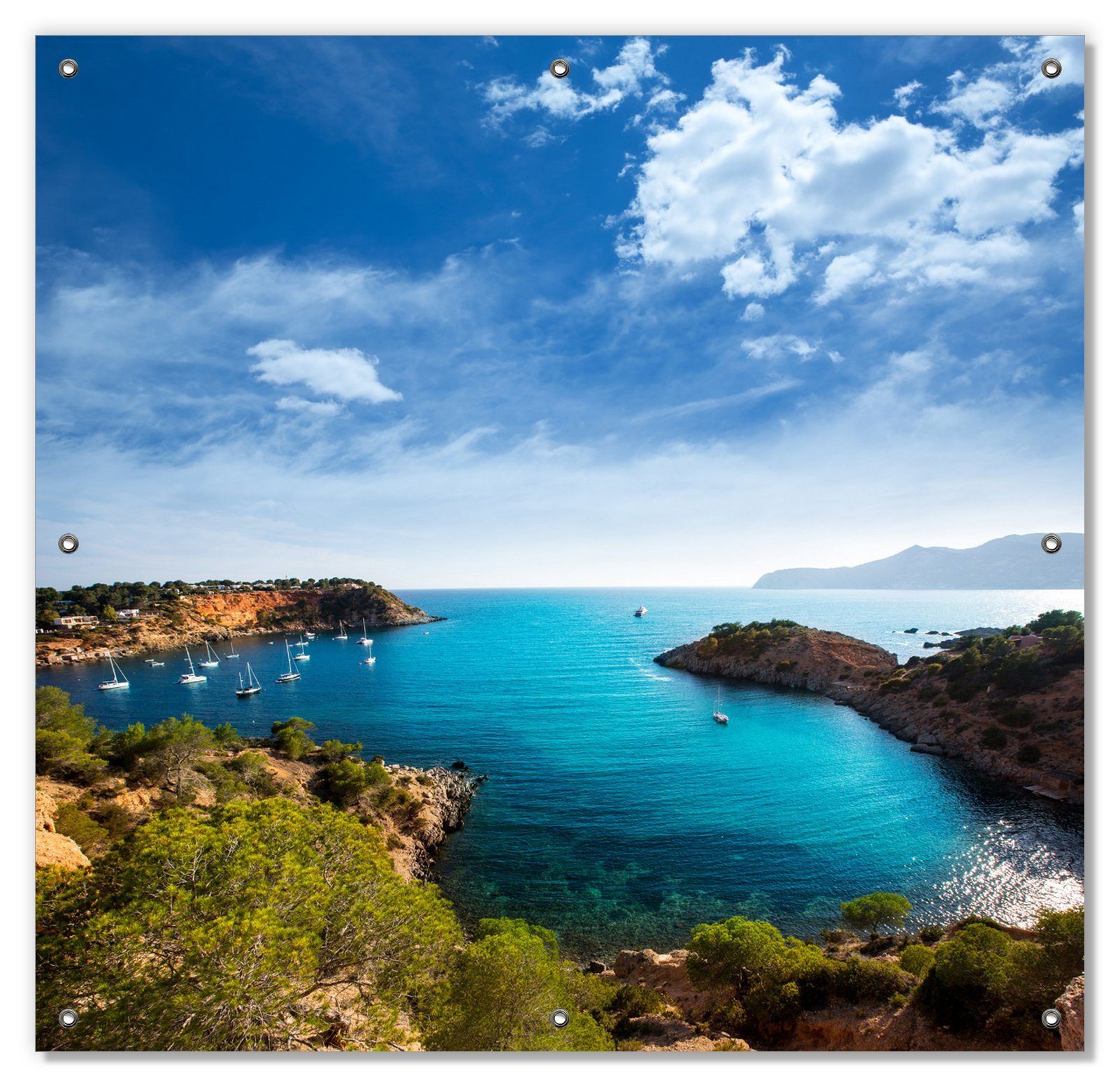 Sonnenschutz Ibiza - Blick von einer Bucht aufs Meer, Wallario, blickdicht, mit Saugnäpfen, wiederablösbar und wiederverwendbar