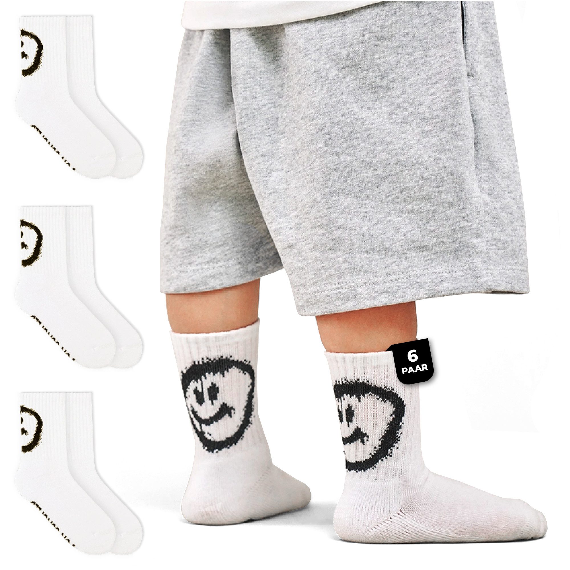von Jungfeld Tennissocken Smiley Kinder Sportsocken Baumwoll-Mischung Unisex (6-Paar, 6er-Pack) Hohe Sportsocken aus Bio-Baumwolle für Damen & Herren
