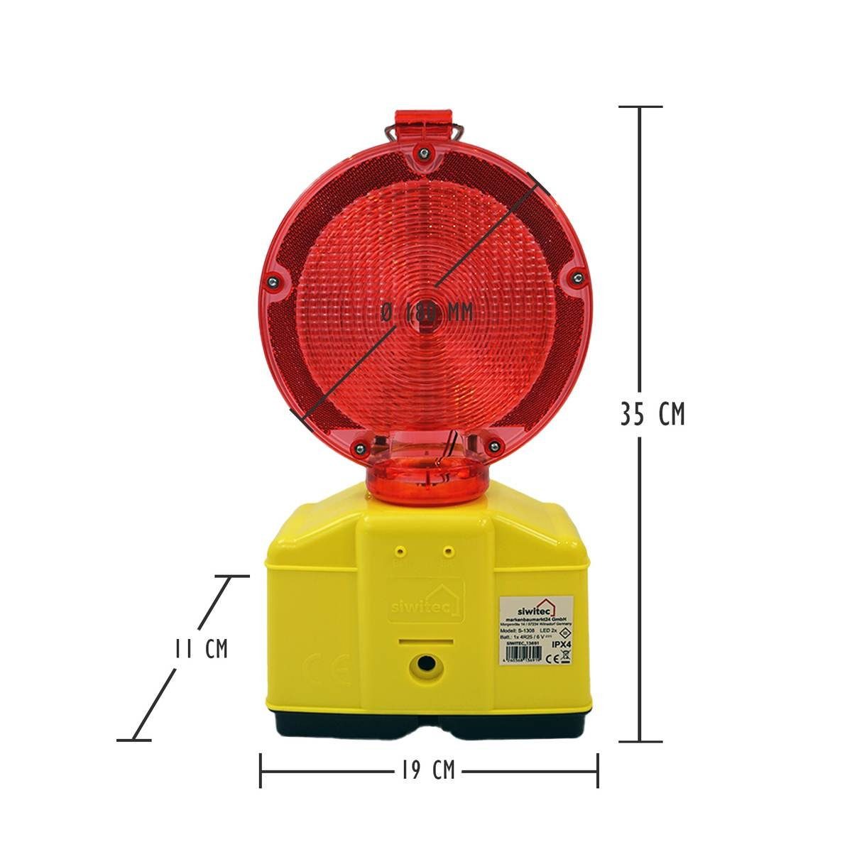 siwitec Baustrahler 1 x Baustellenleuchte rot-klar mit Lampenschlüssel, 2 x Blockbatterien, Weiß, Dämmerungsfunktion
