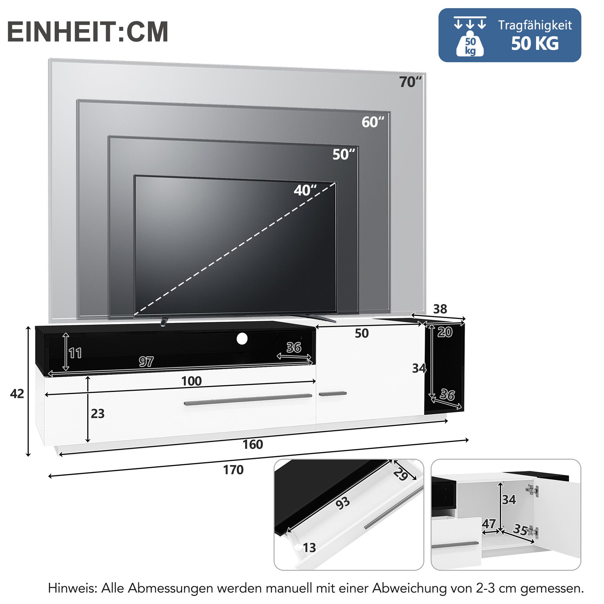 IDEASY Lowboard TV Schrank in Schwarz-Weiß mit Hochglanz-Oberfläche – 170x3 günstig online kaufen