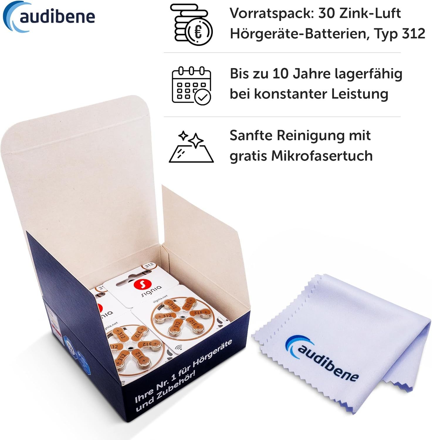 Signia 30x Signia Hörgerätebatterien 312 braun + GRATIS Reinigungstuch Batterie, (30 St), 1,4V / 1,45V bis zu 10 Jahre lagerfähig ohne Leistungsverlust.