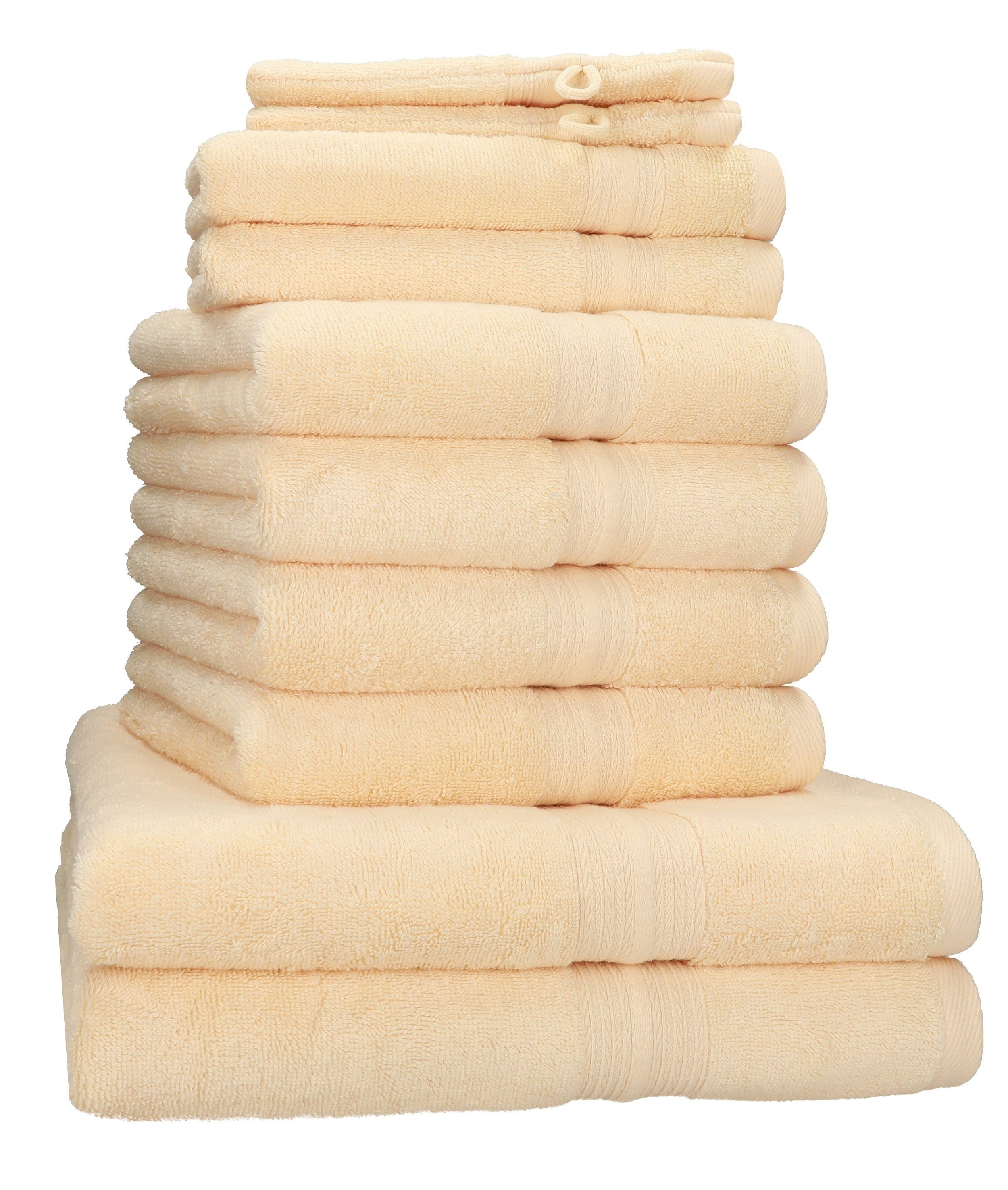 2 Baumwolle, Handtuch-Set 2 (10-tlg) Gold Waschhandschuhe, Set Handtuch Baumwolle 100% 4 600g/m² 2 Duschtücher Gästetücher Betz 100% Handtücher PURES Qualität 10-TLG.
