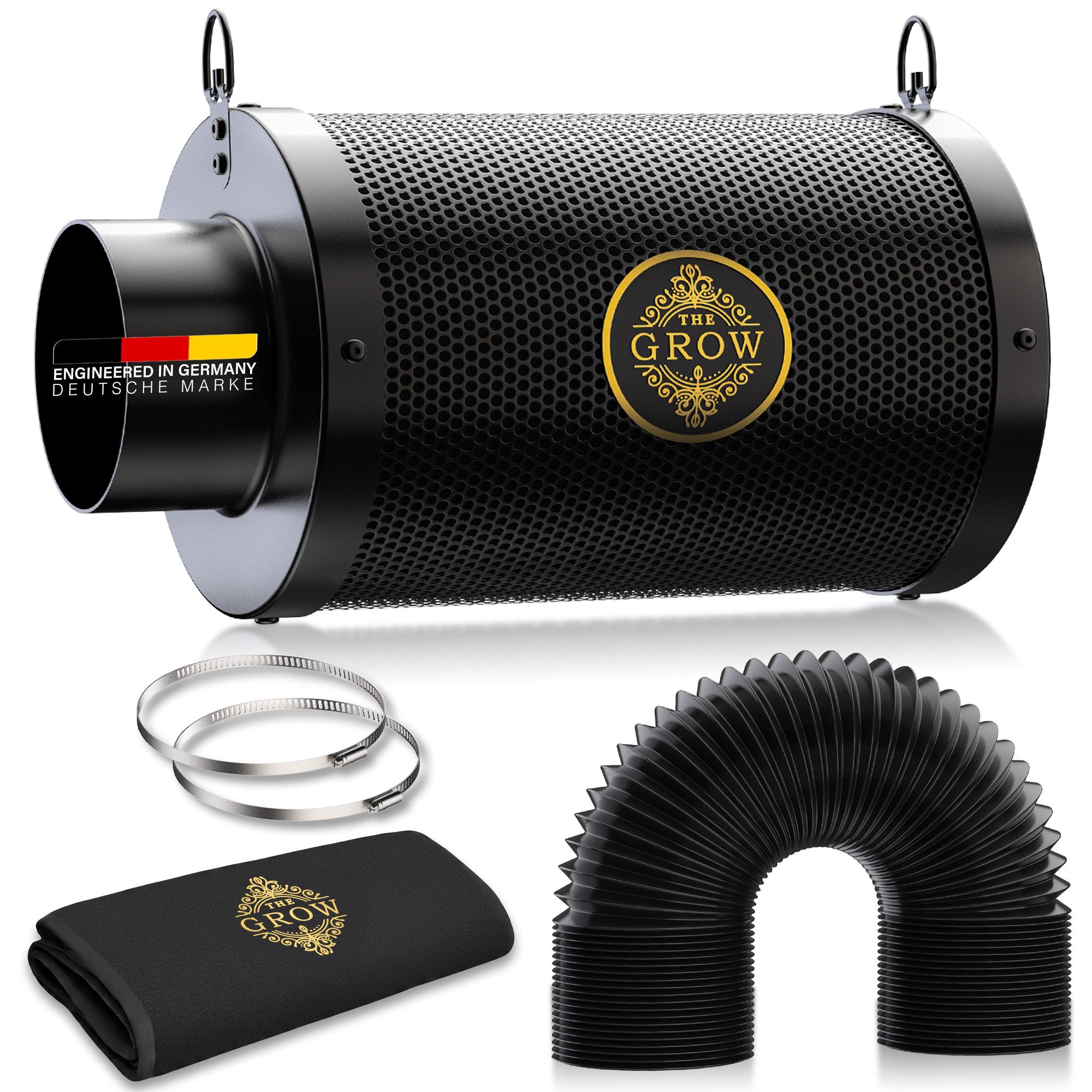 THE GROW Aktivkohlefilter PUREAIR Aktivkohlefilter Komplett-Set mit 3-Layer-Schlauch, 100mm x 300mm RC412 Aktivkohle, 1200+ IAV, 38 mm Kohlebett,2m Schlauch