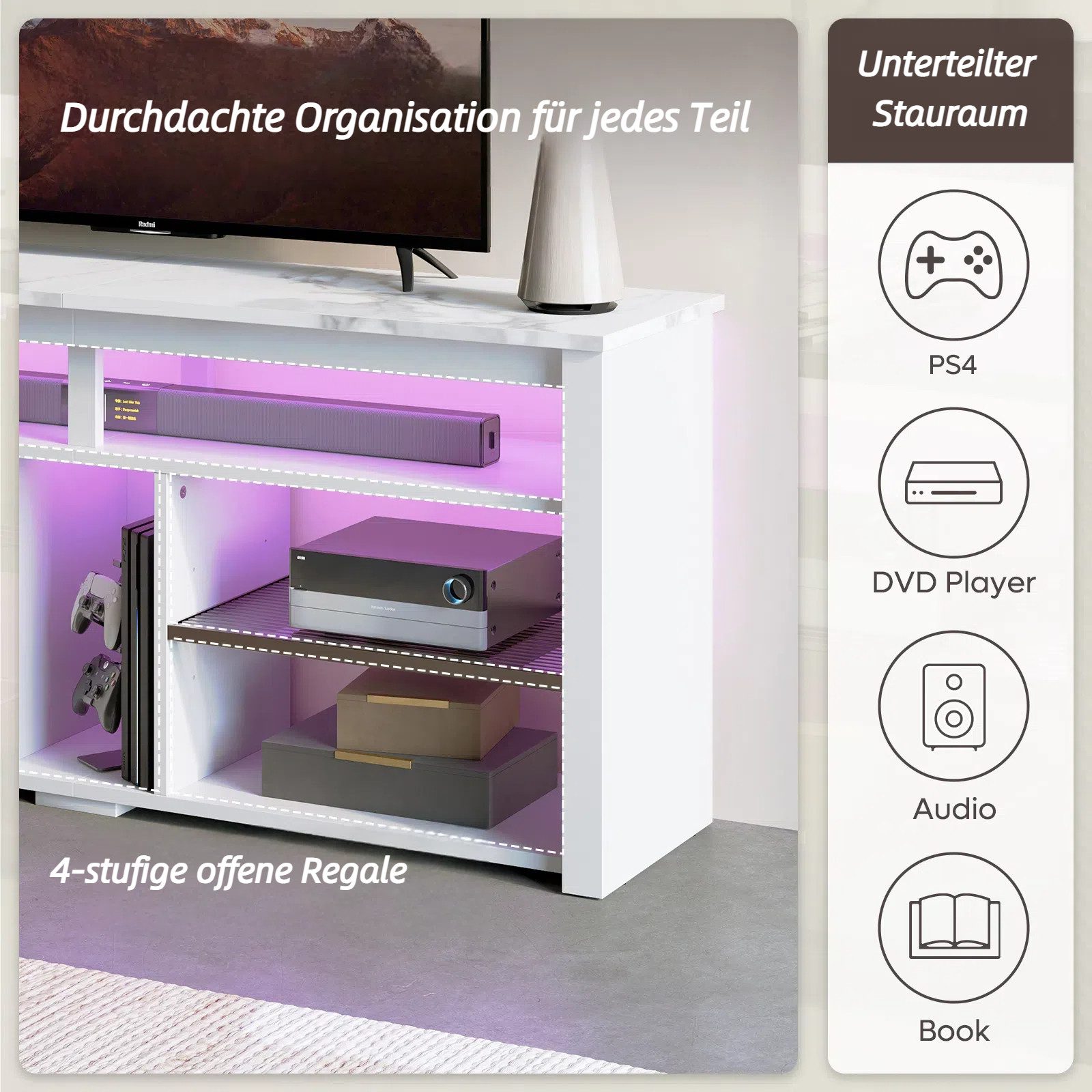 Bestier Lowboard TV-Schrank, Sideboard, Gaming TV Board mit LED-Beleuchtung (Breite 140 cm Fernsehtisch, 1 St, TV-Ständer für 55/60/65 Zoll Fernseher), Medien-TV Cabinet mit verstellbarem Regal, Weißer Marmor/Schwarze