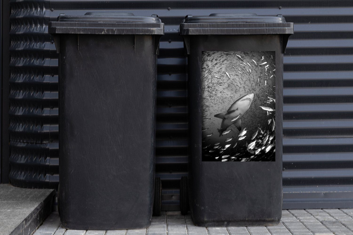 den Mülleimer-aufkleber, - (1 weiß Ein MuchoWow Mülltonne, Fischen Wandsticker Sticker, und Abfalbehälter Container, St), schwarz unter Hai