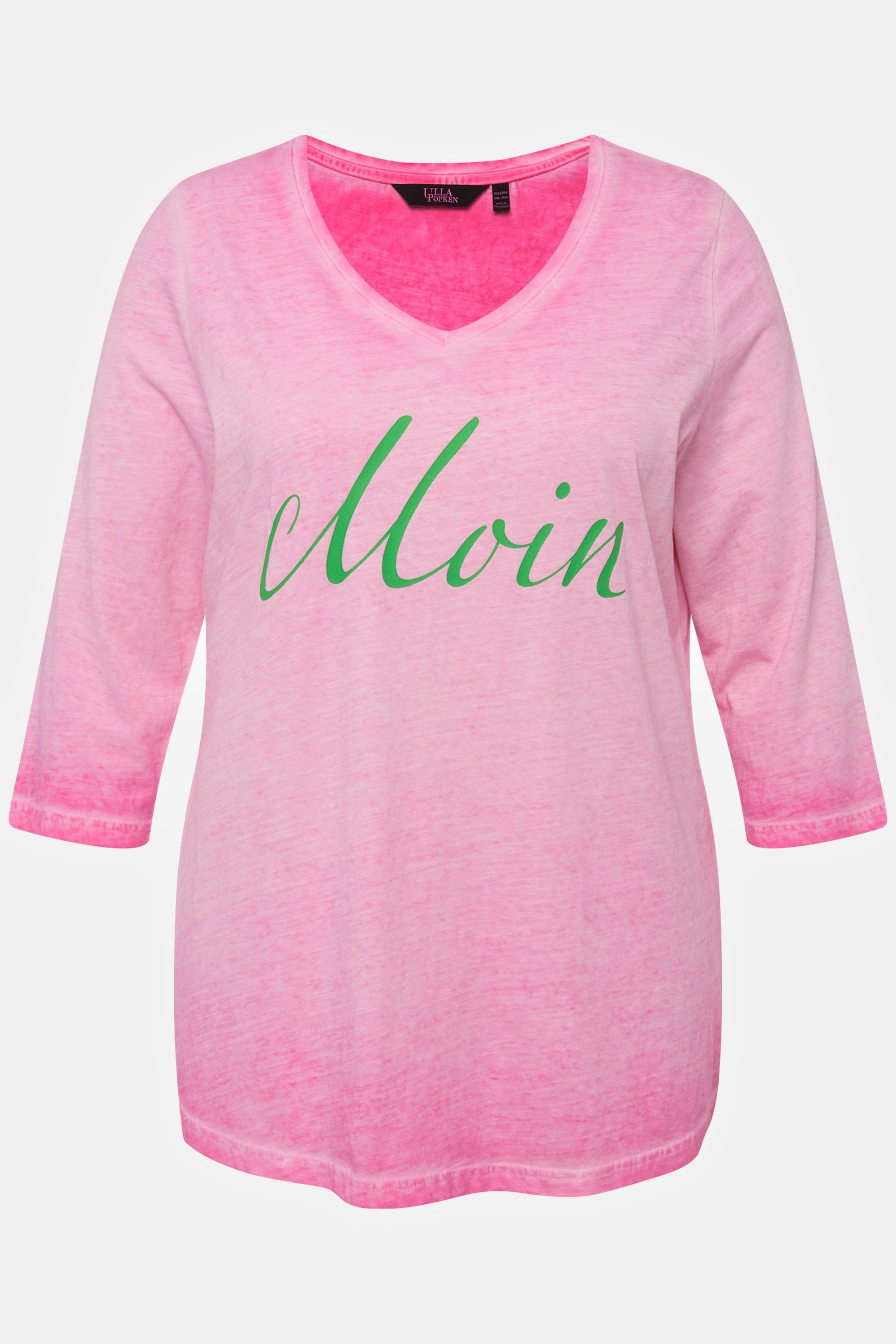 Ulla Popken Rundhalsshirt Shirt Grußmotiv 3/4-Arm pink V-Ausschnitt Cold Dyed