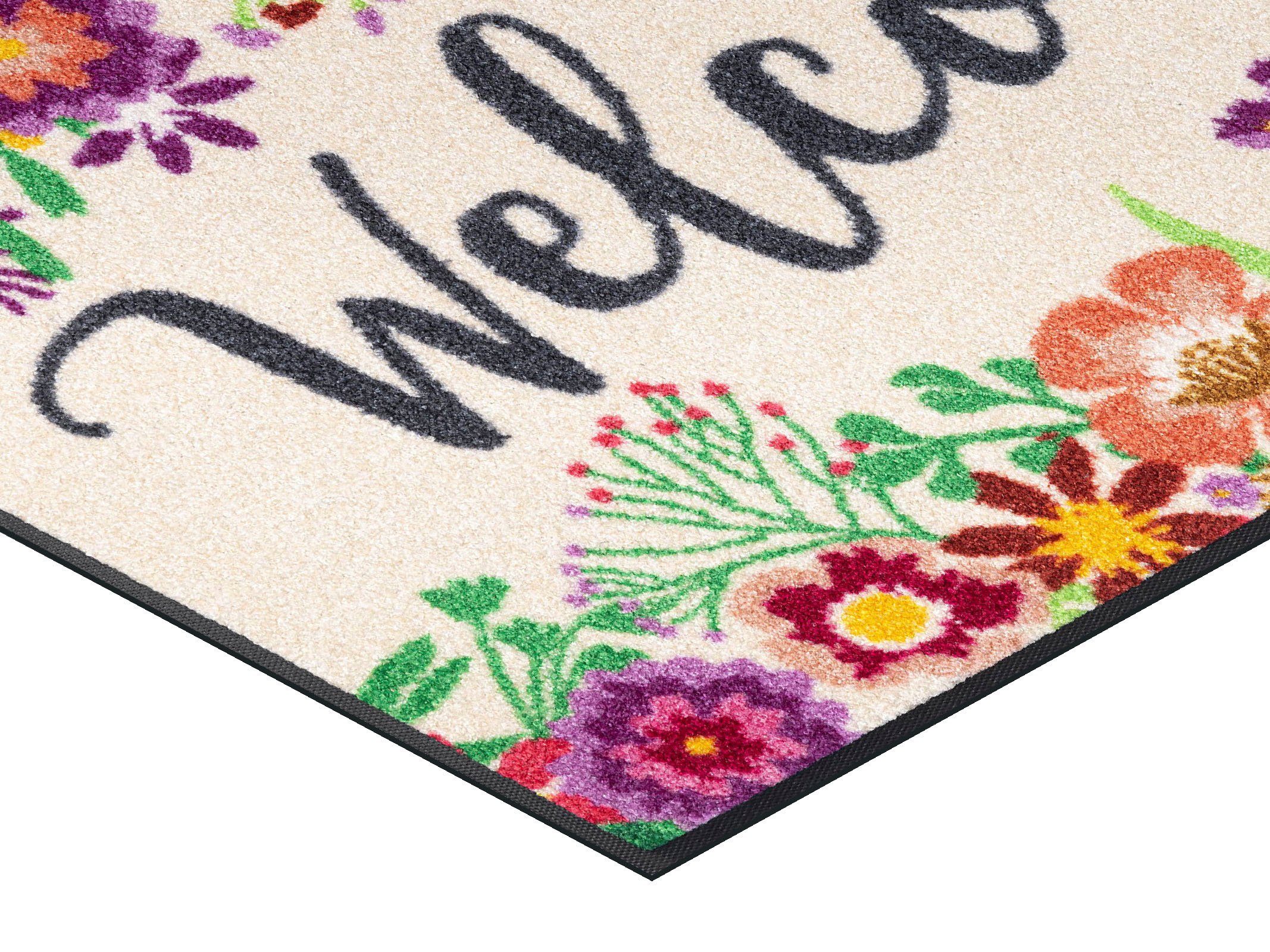 rechteckig, Blooming, mit Höhe: by wash+dry Blumen, rutschhemmend, mm, Spruch, Welcome 7 Kleen-Tex, Teppich Motiv waschbar