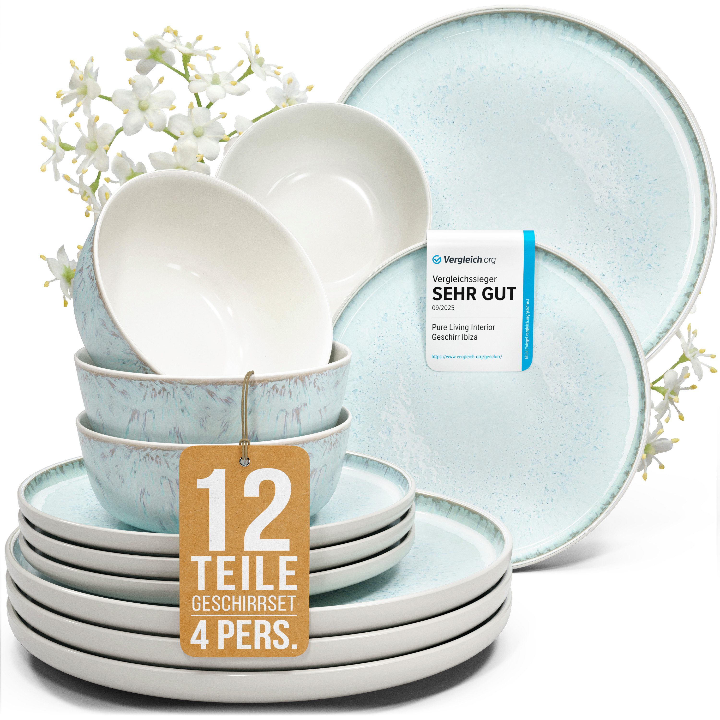 PURE LIVING INTERIOR DESIGN Geschirr-Set Ibiza aus Steingut, 12-tlg., für 4 Personen, Beige Blau (12-tlg), 4 Personen, Steingut