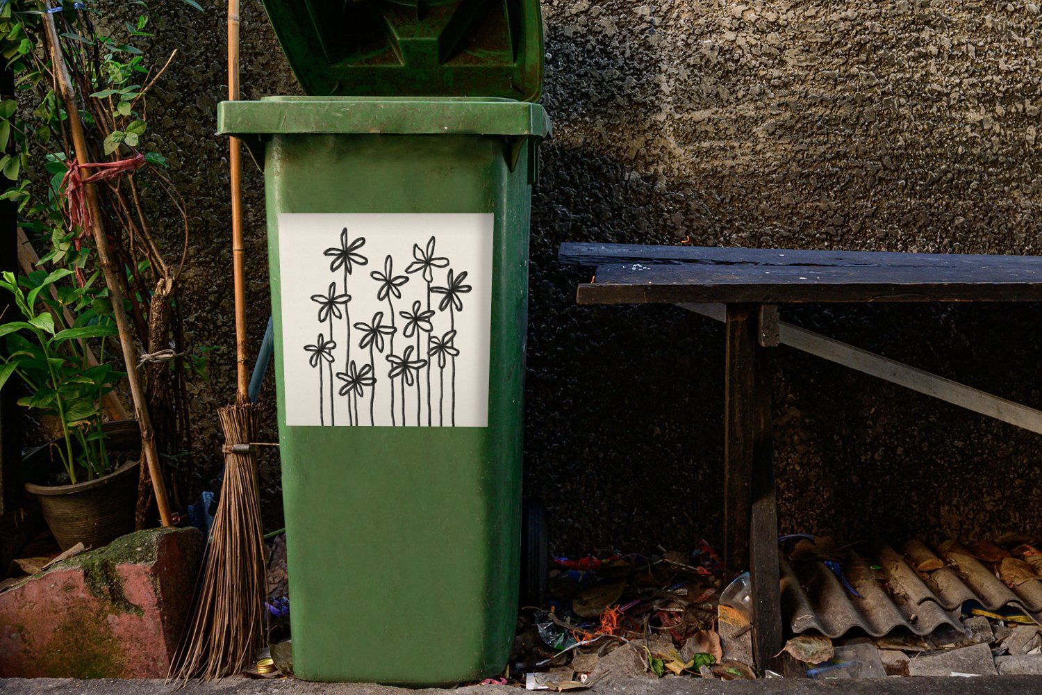 MuchoWow Wandsticker Blumen - Pflanzen Mülltonne, Container, Sticker, (1 St), Abstrakt Abfalbehälter Pastell - - Mülleimer-aufkleber