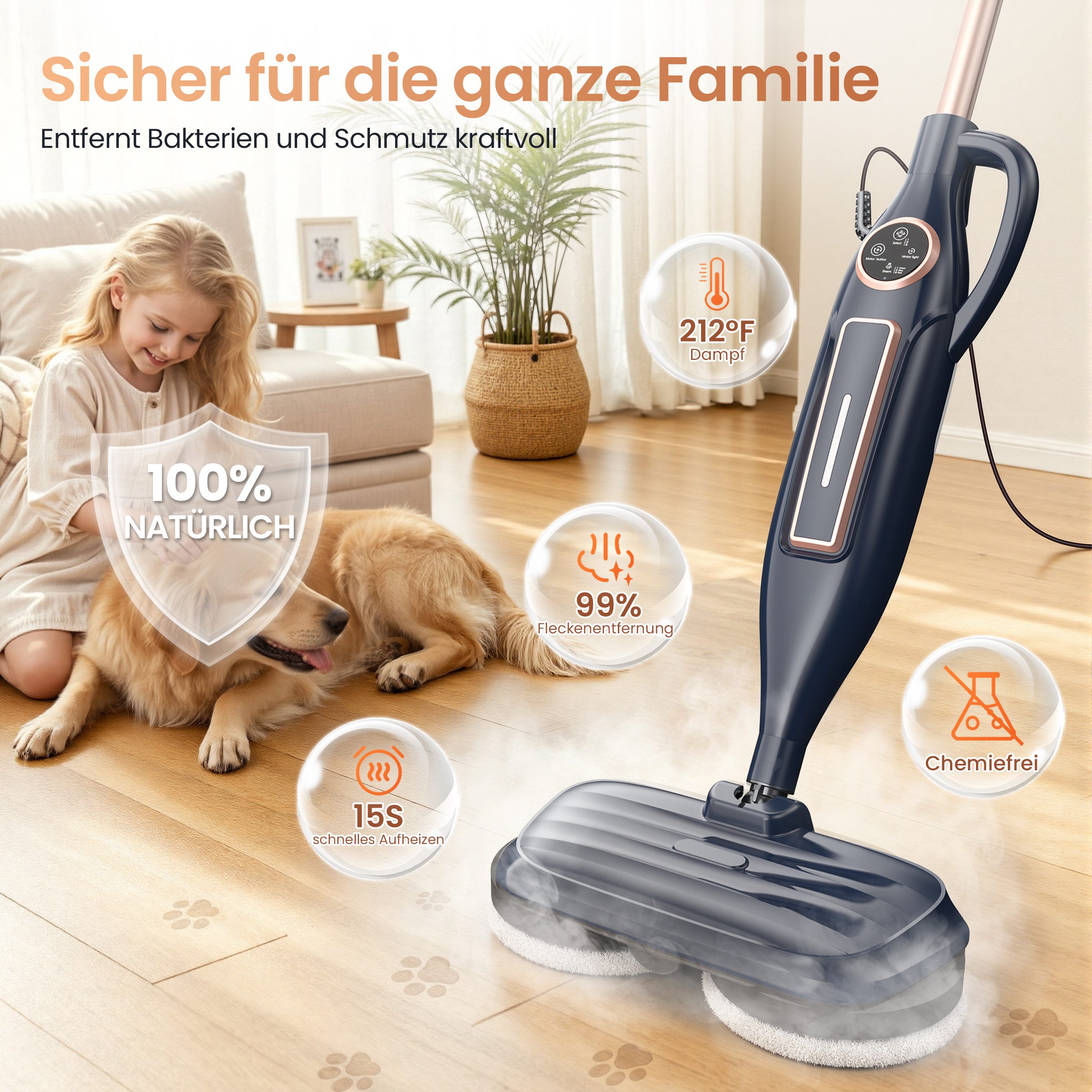 INSE Dampfbesen VM6 DE, 1300W, beutellos, 3 Dampfmodi, LED-Display, 15S, 5m Kabel, 1300 W, beutellos, 8-in-1 rotierenden Pads,Freistehfunktion,für verschiedene Bodenarten blau|schwarz