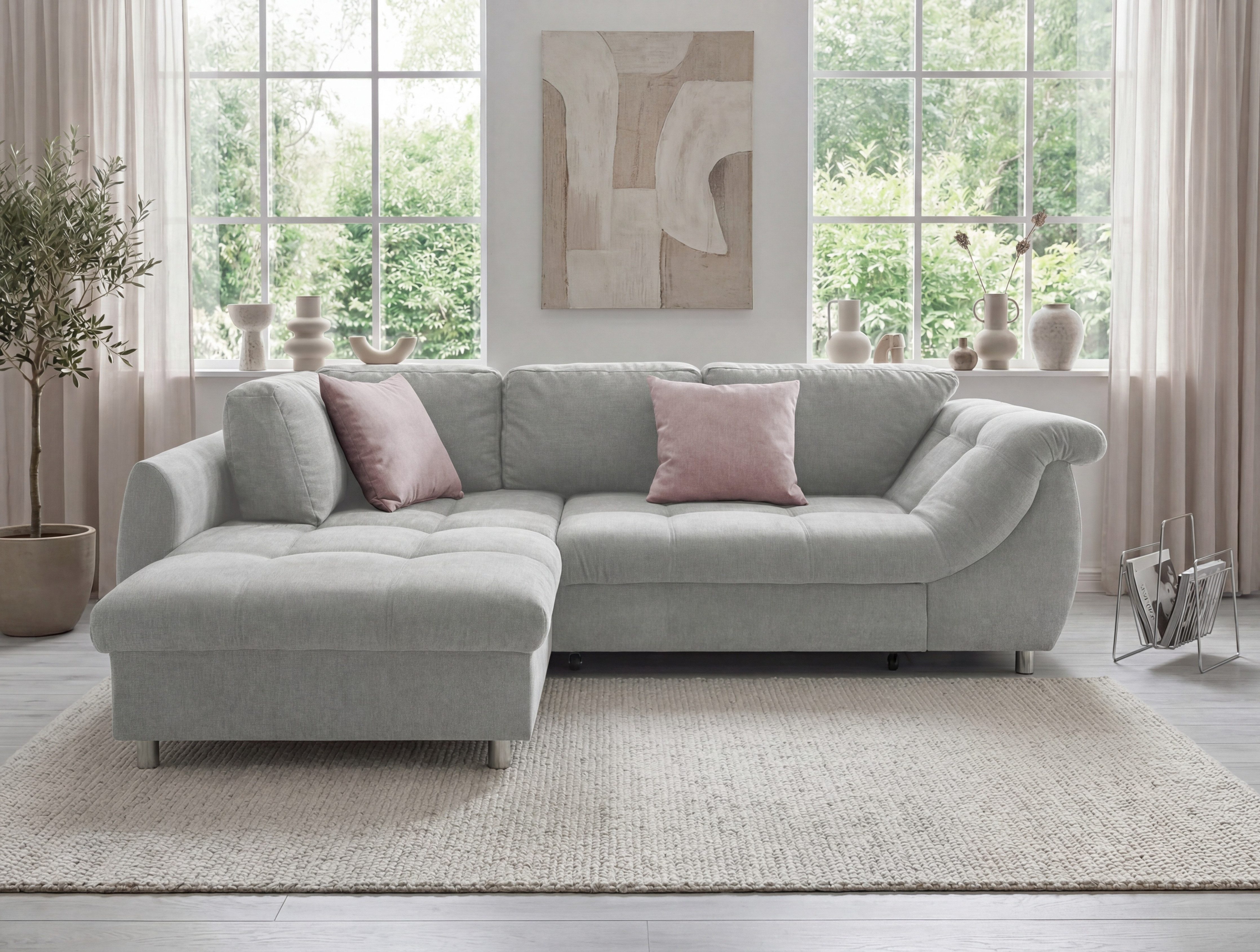 luma-home Ecksofa 17004-OTTO, mit Bettfunktion B250/T190/H84 cm, Liegefläche 179x190 cm, Ottomane links, Wellenunterfederung, Mikrofaser Grau