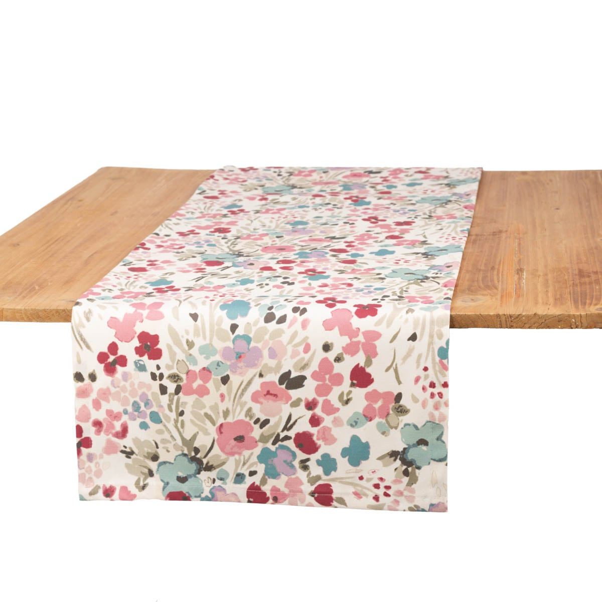 SCHÖNER LEBEN. Tischläufer Tischläufer Aquarell Blüten weiß rosa blau aus Baumwolle