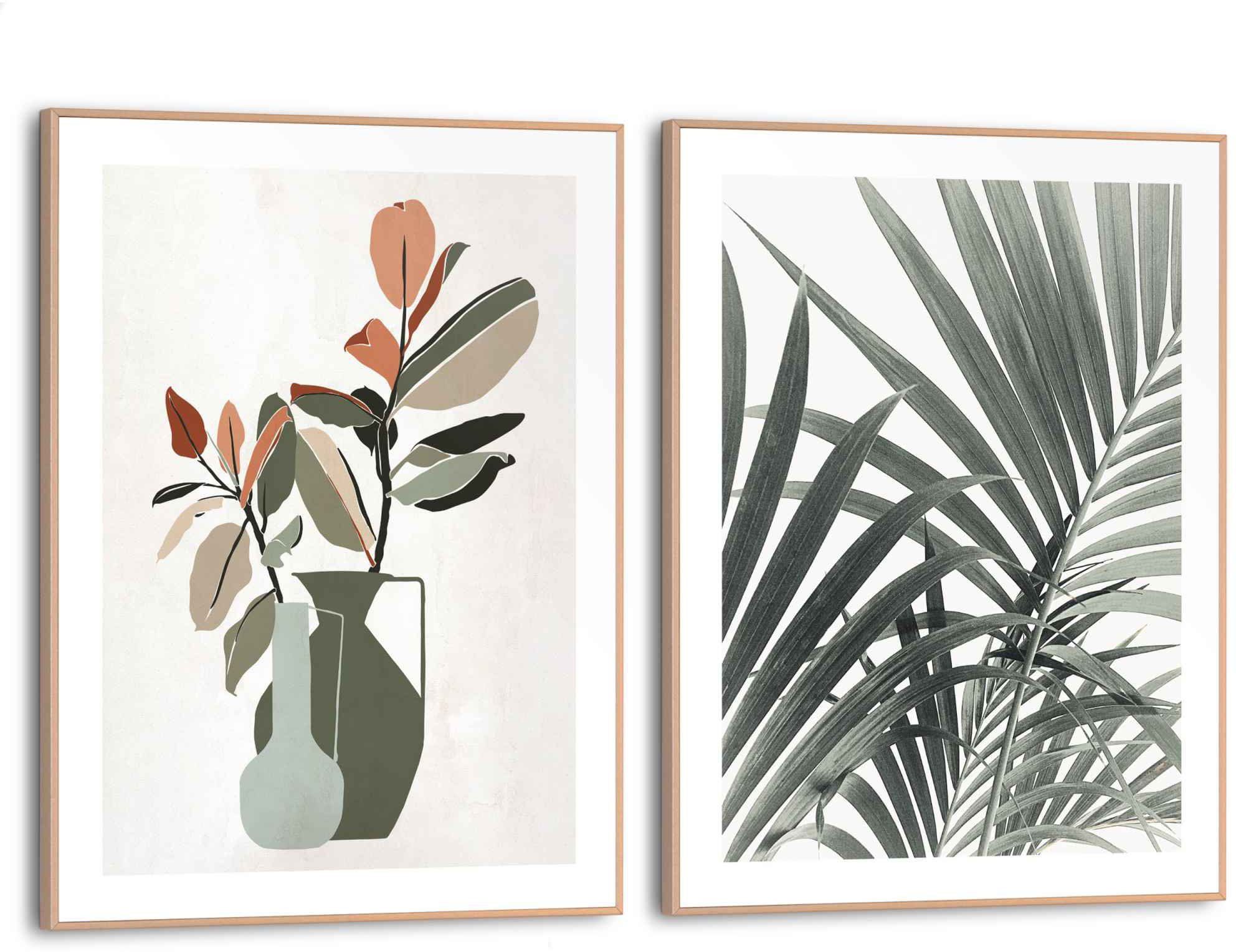 Blumen - Wandbild mit (2 Abstrakt St) - Vase Palmenblätter, Zeichnung - Blätter Reinders!