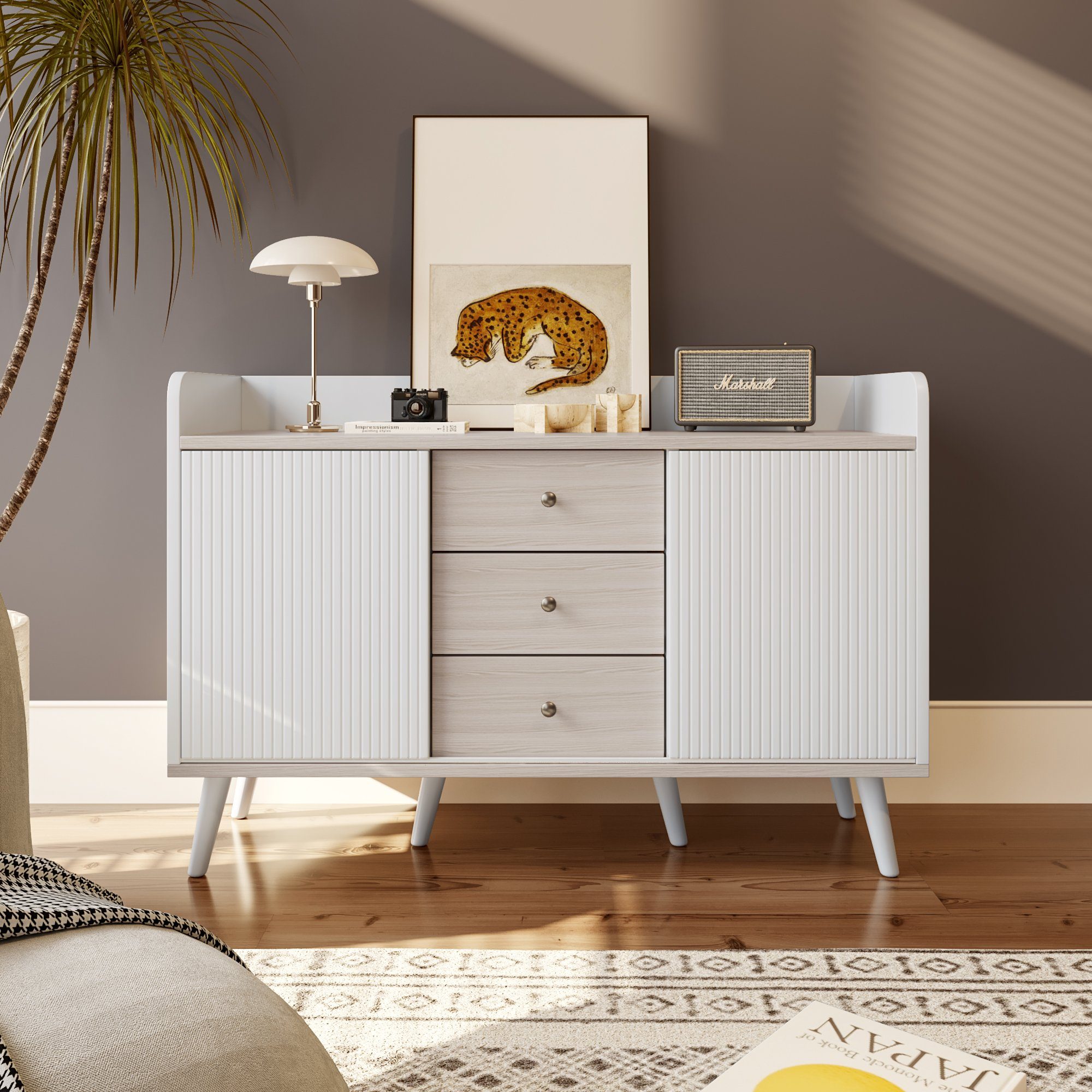 JOIVI Sideboard Schrank, Sideboard, Kommode, Highboard, Hochglanz (für Schlafzimmer, Wohnzimmer, Flur), mit drei Schublaen