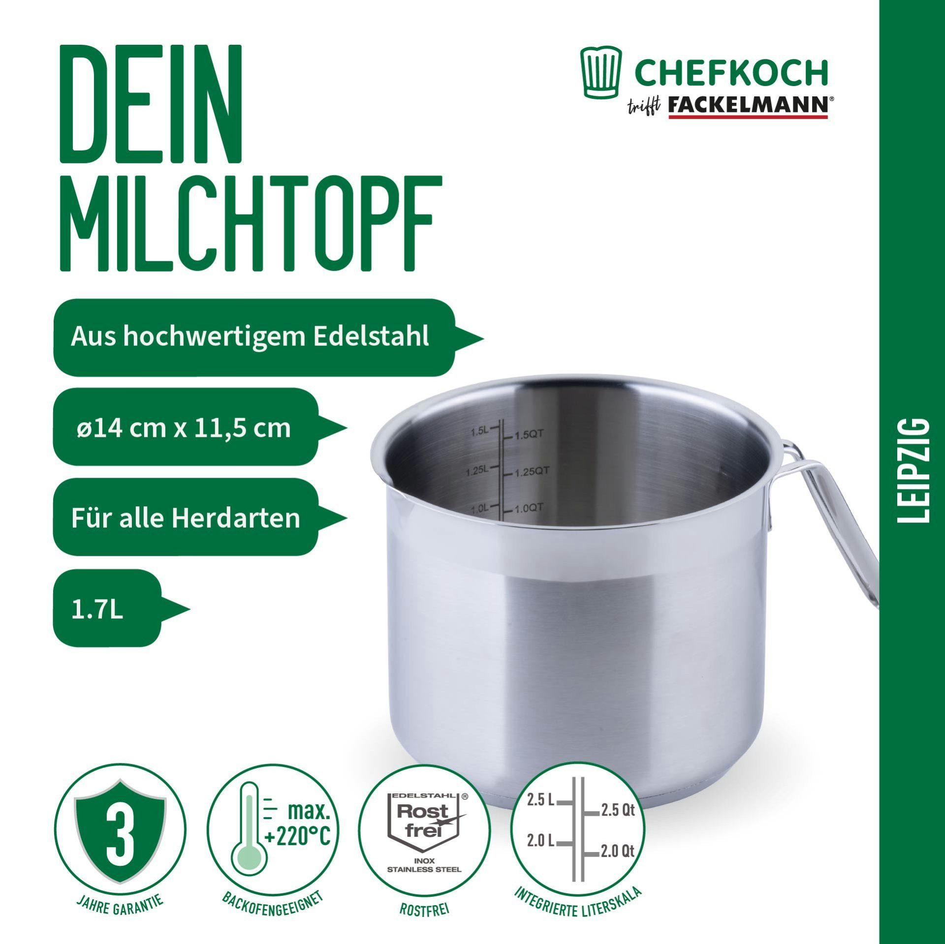Chefkoch trifft Fackelmann Milchtopf aus Edelstahl, Ø 14 cm, induktionsgeeignet, backofengeeignet