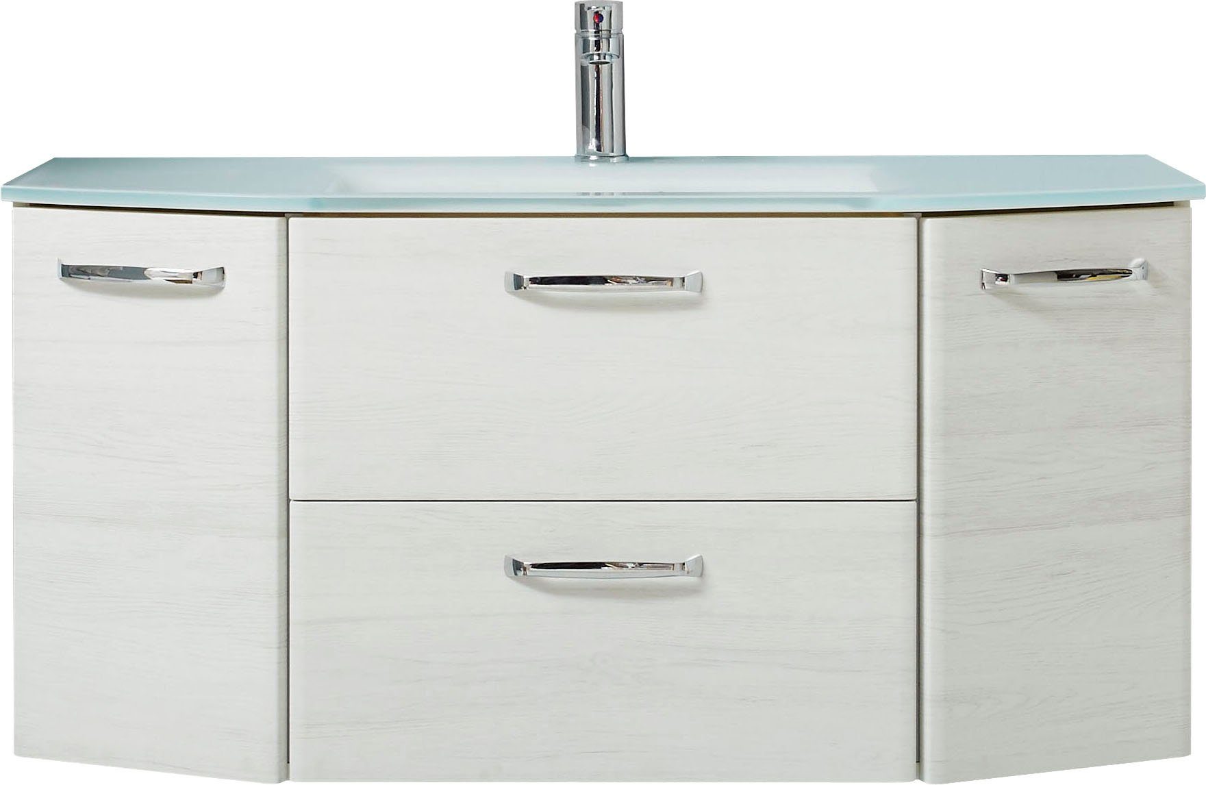 Saphir Waschtisch Quickset Waschplatz inkl. Glaswaschtisch, 112 cm breit, 2 Türen, Unterschrank mit Waschbecken, inkl. Türdämpfer, Griffe Chrom Glanz – Bild 3 von 5