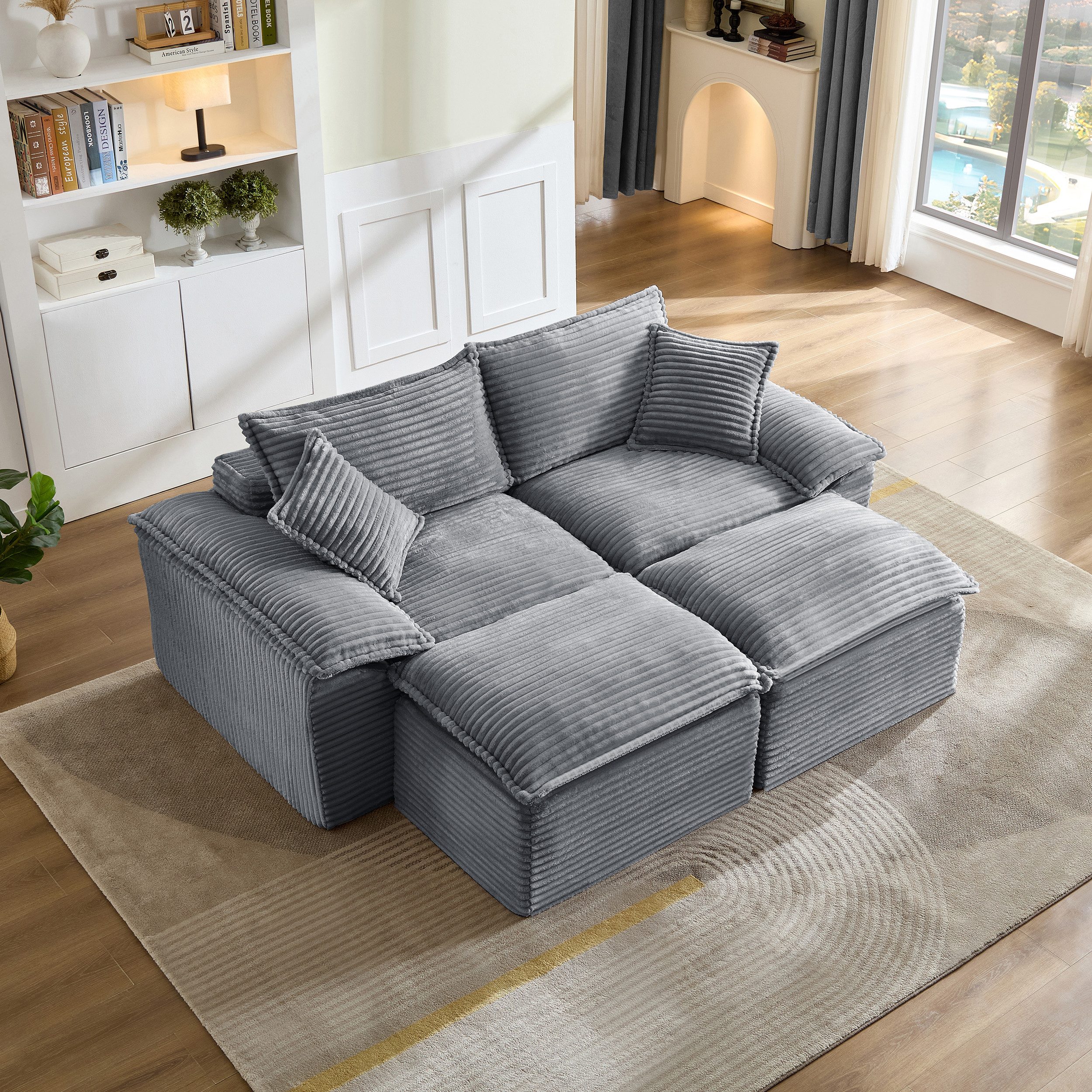 Vankel Schlafsofa Modulares Schlafsofa, 2-Sitzer Wohnzimmer Sofa mit Kissen, Bodensofa Cord Couch mit Hocker, Armlehne und Memory-Schaum