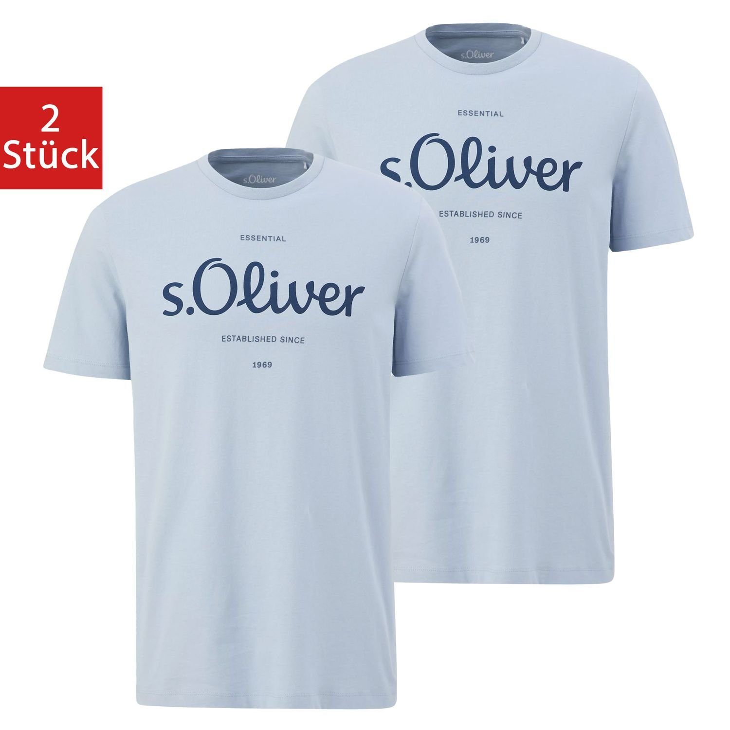 s.Oliver T-Shirt Red-Label (2-tlg) kurzarm, Rundhals-Ausschnitt, Logo-Aufdruck, im 2er Pack Hellblau