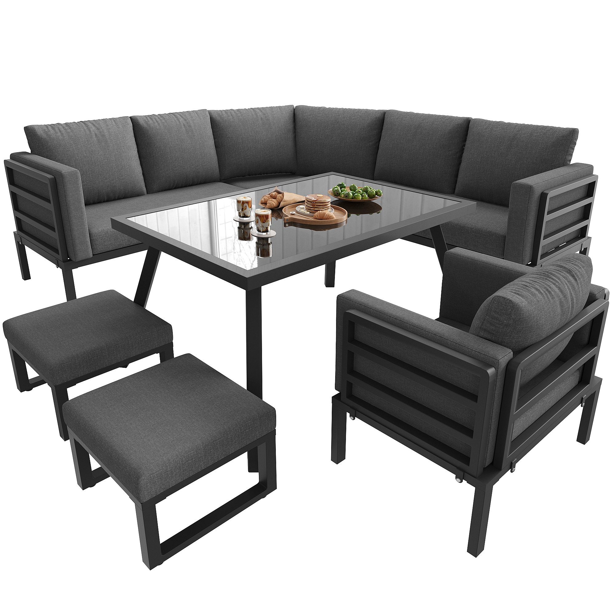 KLAM HOME Gartenlounge-Set Halbmond-Gartenlounge-Set 8 Personen, Eisengestell, graue Polster, (Wetterfeste Terrassenmöbel mit Glastisch, Sessel & 2 Hockern), Modulares Balkon-Sofa-Set, abnehmbare Bezüge