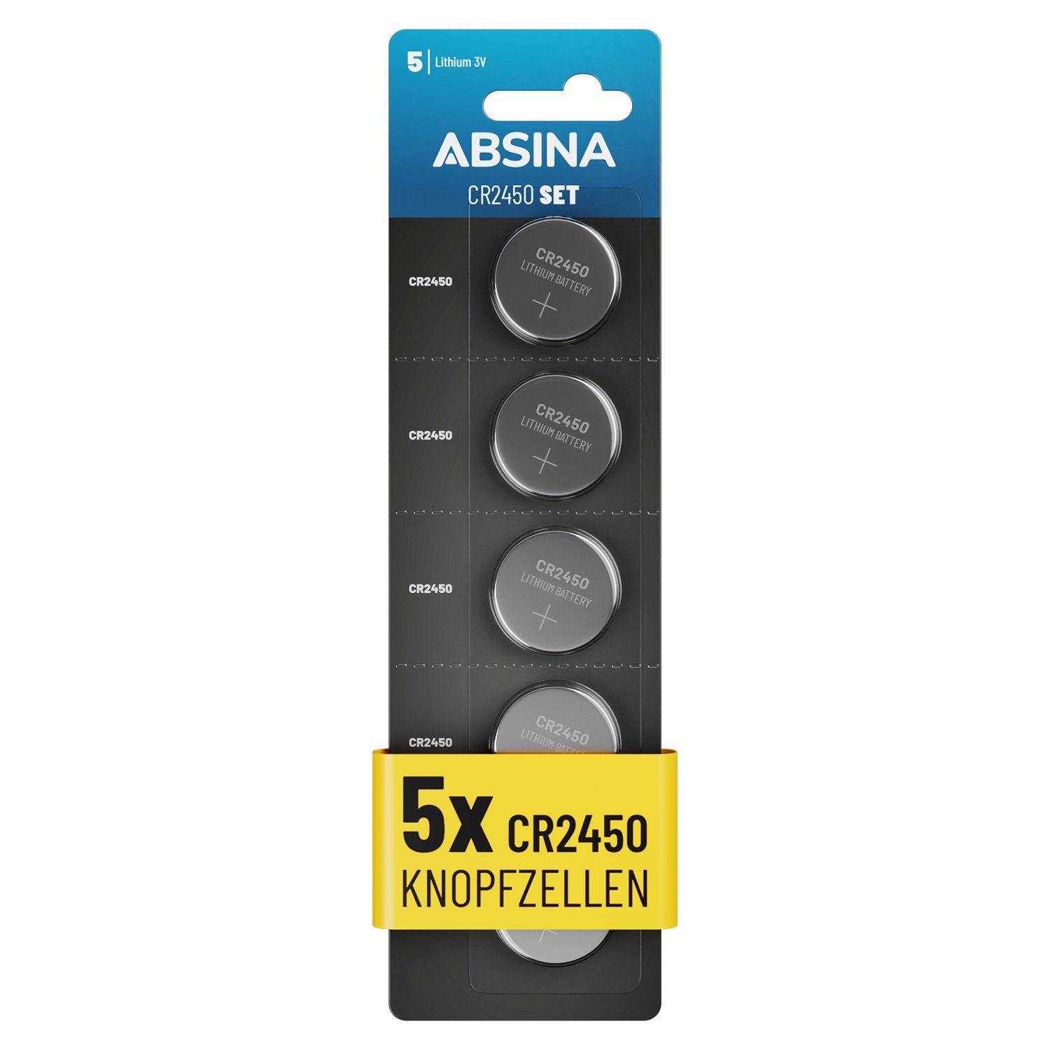 ABSINA CR2450 Knopfzelle 5er Pack - CR 2450 3V Knopfzellen auslaufsicher Knopfzelle, (1 St)