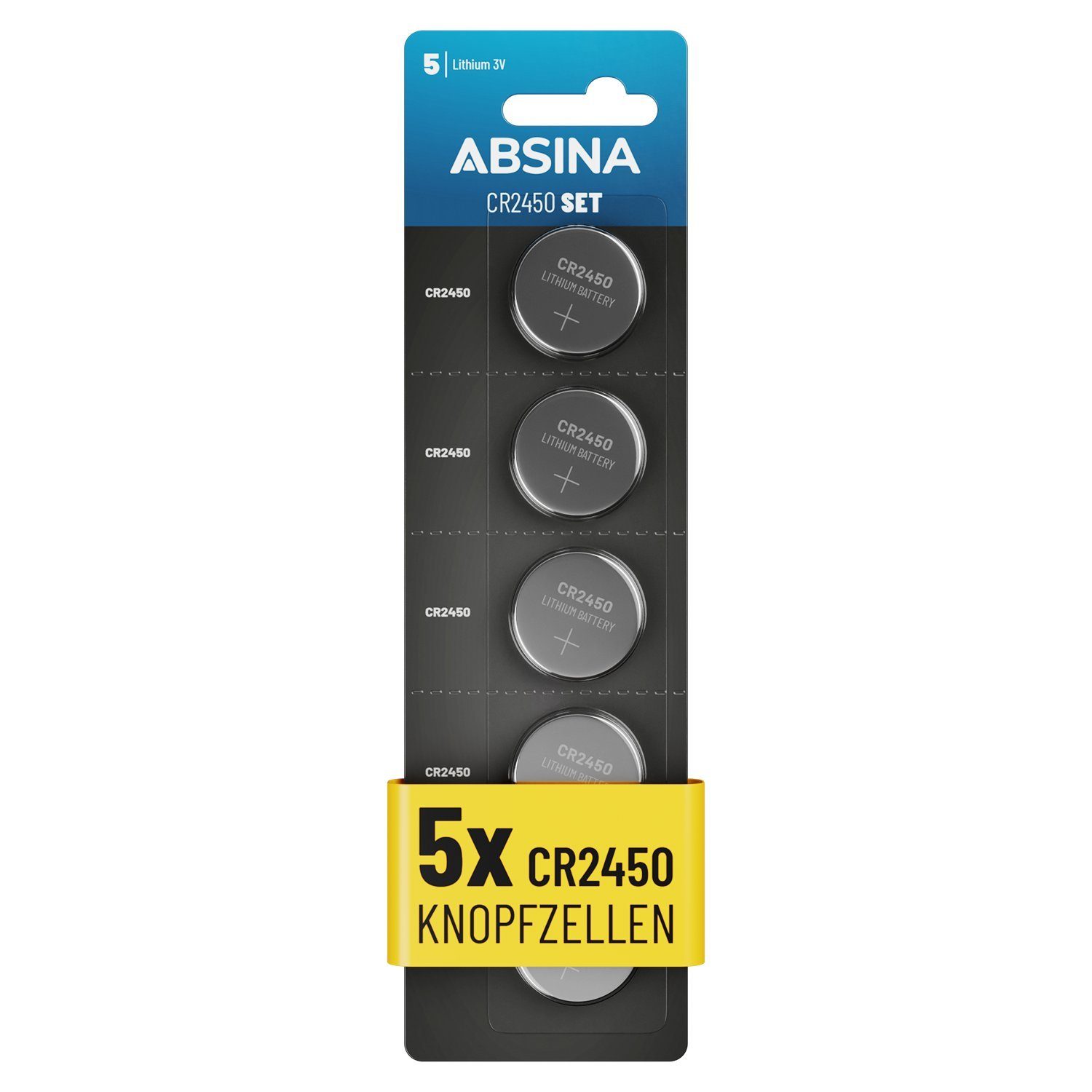 ABSINA CR2450 Knopfzelle 5er Pack - CR 2450 3V Knopfzellen auslaufsicher Knopfzelle, (3V V, 1 St)