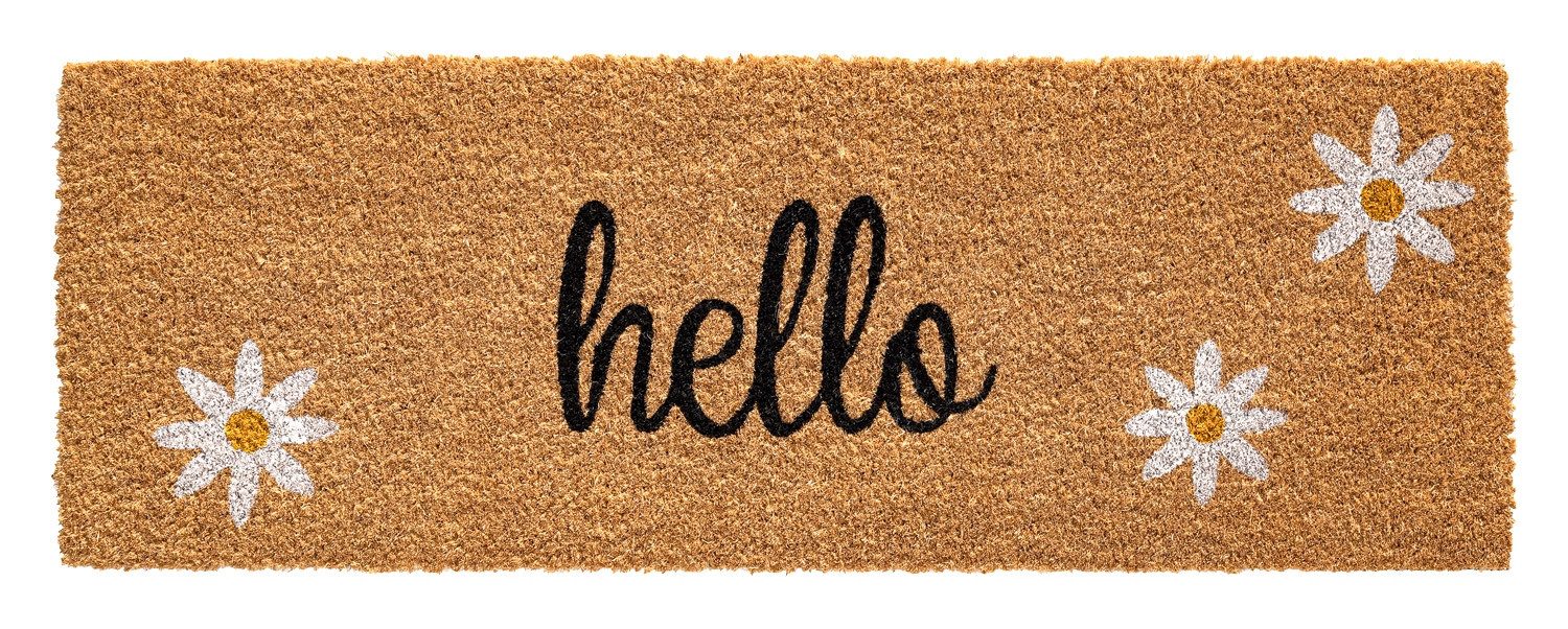 HAMAT Fußmatte HOME, 75 x 26 cm, Braun, Schwarz, Weiß, Kokos, rechteckig, Höhe: 15 mm, Schriftzug Hello, mit Blumen