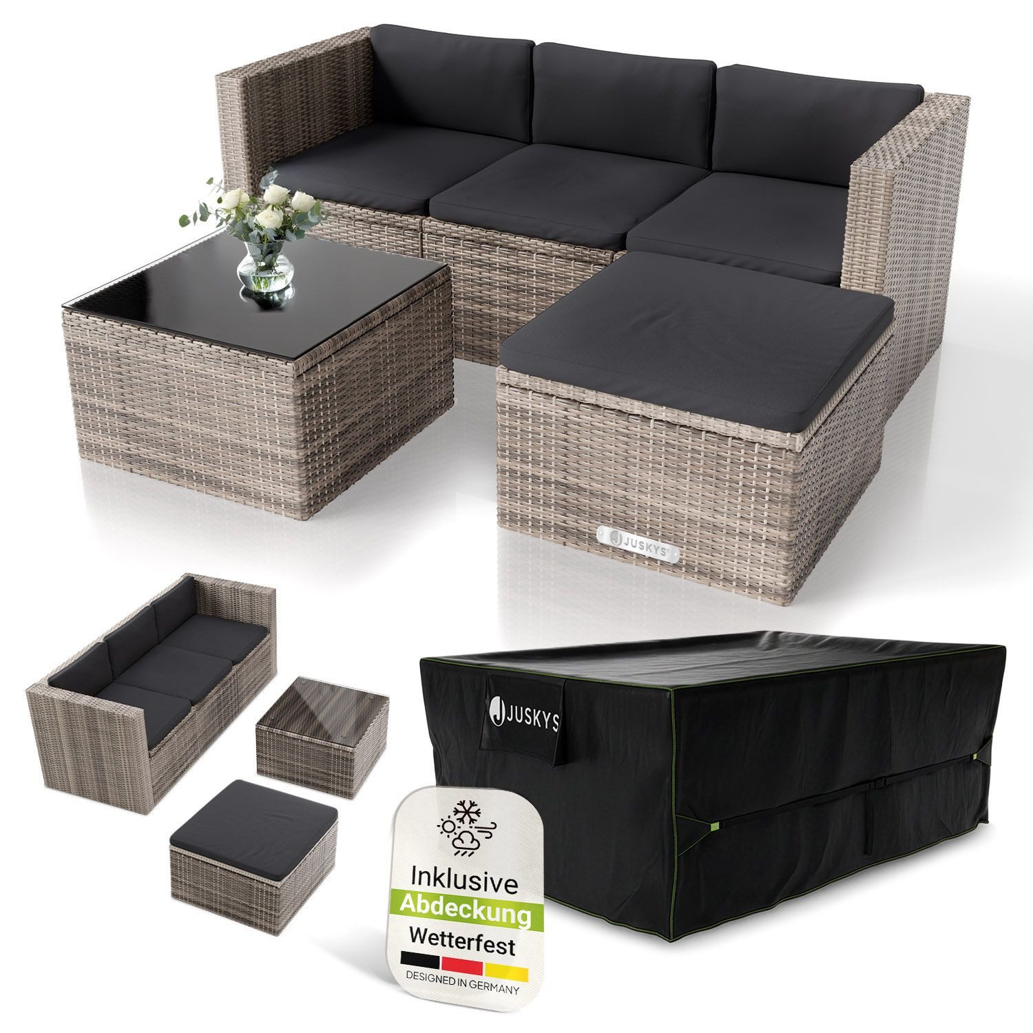 Juskys Gartenlounge-Set Punta Cana, (Set, Sitzgruppe), Polyrattan Sitzgarnitur mit 1 Tisch, 1 Sofa und 1 Hocker, 1 Abdeckung