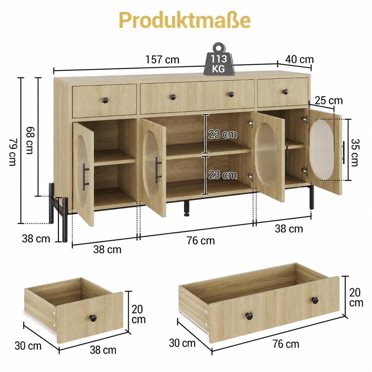 GarveeMore Anrichte Großes 158 cm Sideboard mit Stauraum, Kombikommode, Lowboard, Kommode, Schubkastenkommode mit 3 Schubladen und verstellbaren Einlegeböden