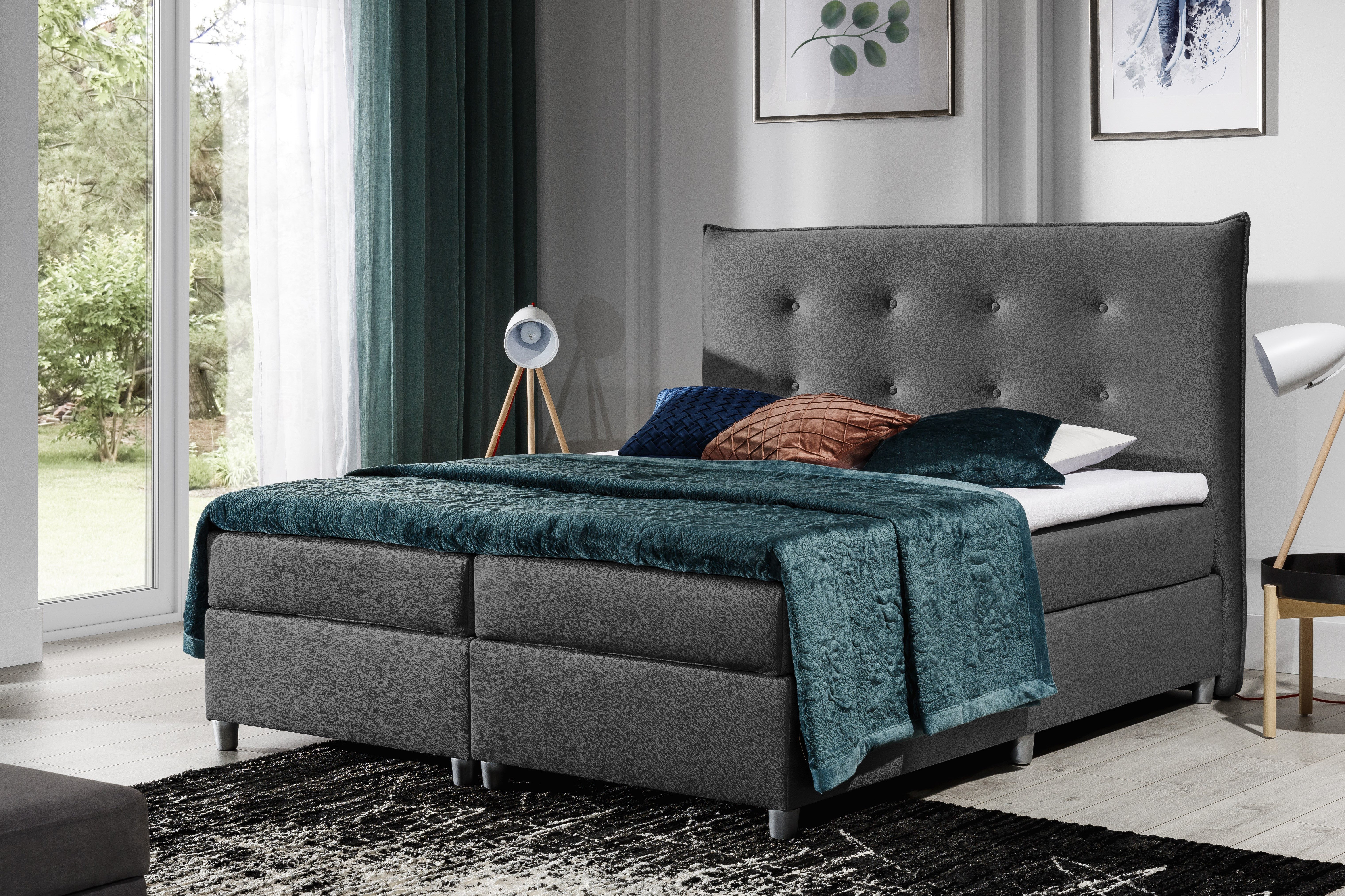 MF Design Boxspringbett Boxspringbett PRATO mit Topper und Holzfüßen in Silber, Vorhanden