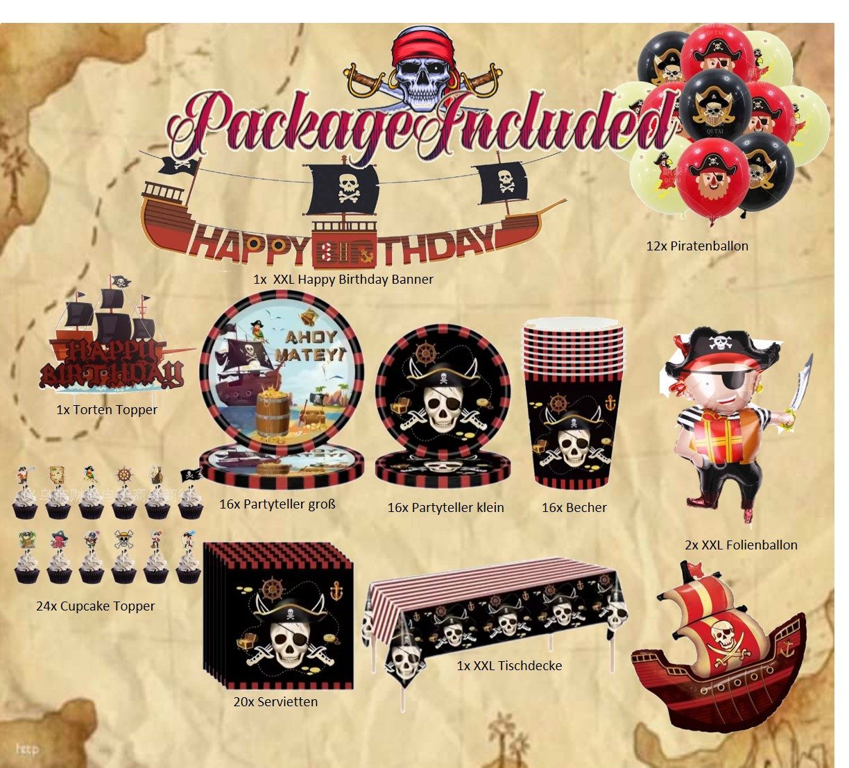 PartyFlamingo Teller Piraten Party Dekoration Set Kindergeburtstag 16 Gäste 109tlg