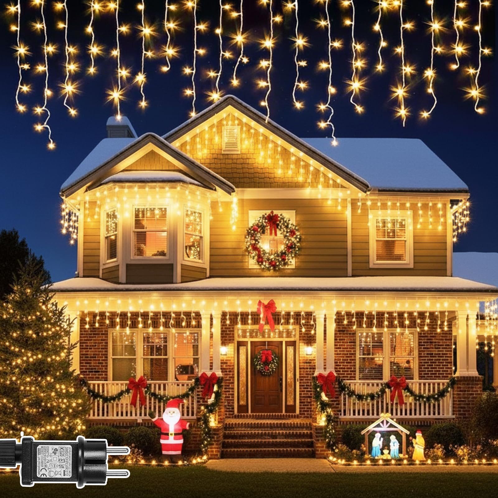 SERBASIC LED-Lichterkette Eisregen Außen, Weihnachtsbeleuchtung mit Timer 8 Modi Lichtervorhang, Anschließbar, für Balkon Geländer Traufe Weihnachtsdeko