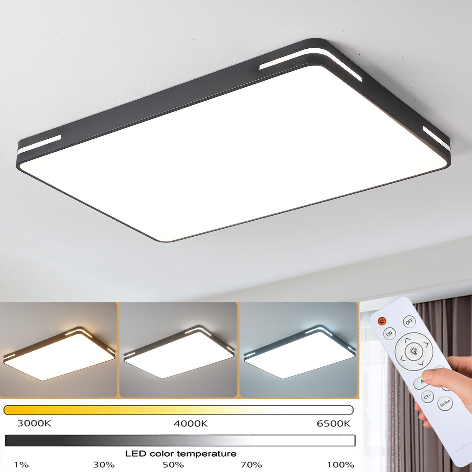 style home Deckenleuchte LED Deckenlampe aus Metall, dimmbar mit Fernbedienung, Warmweiß bis Kaltweiß, 3000K-6000K, 192W Lampe für Wohnzimmer Schlafzimmer Büro, 90*60*5cm