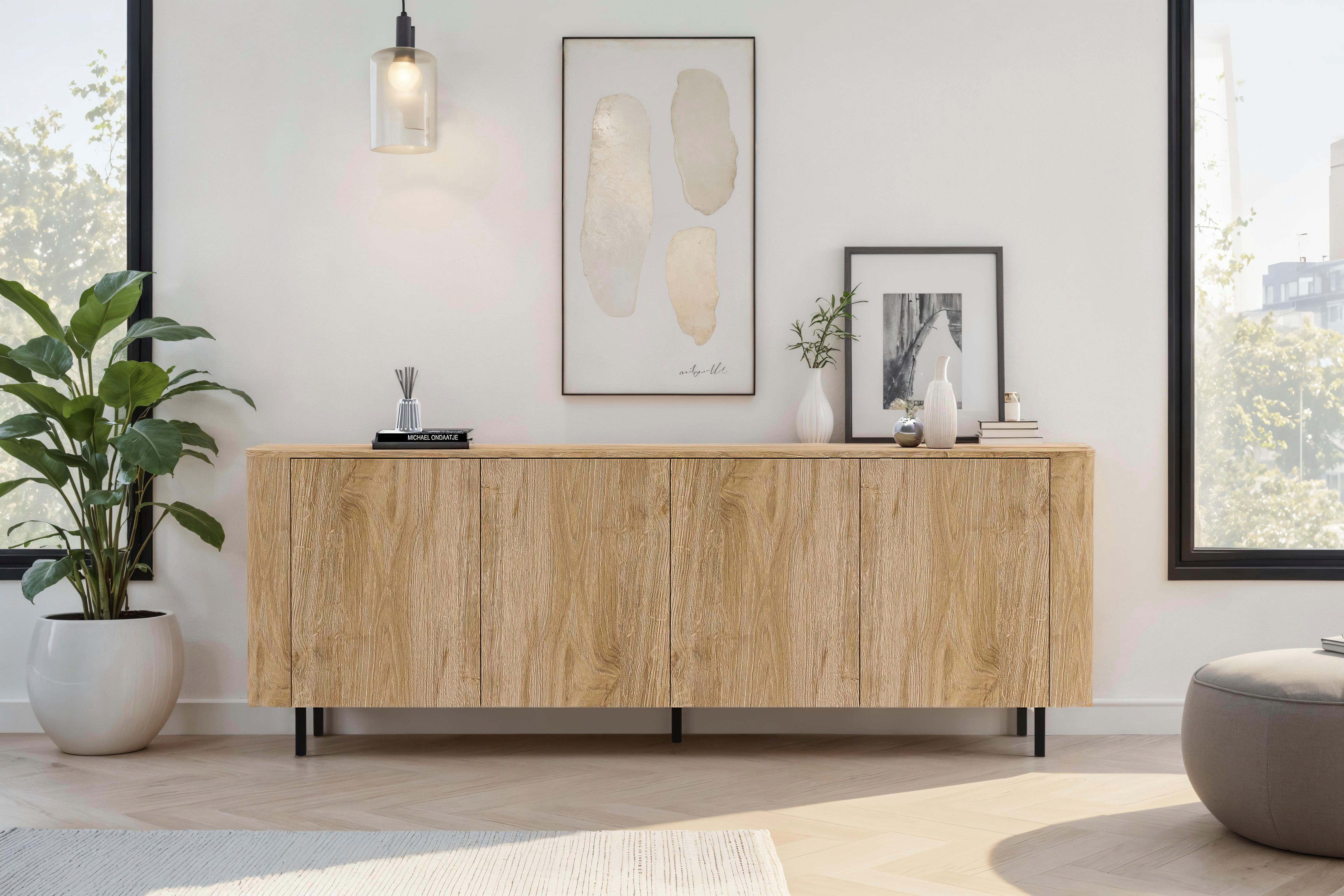 Home affaire Sideboard Murano, 231 cm breit, 4 Türen, Anrichte, Kommode, Stauraumschrank, Formgebogenes MDF, Stirnseiten mit Rundung, Füße und Griffe aus Metall