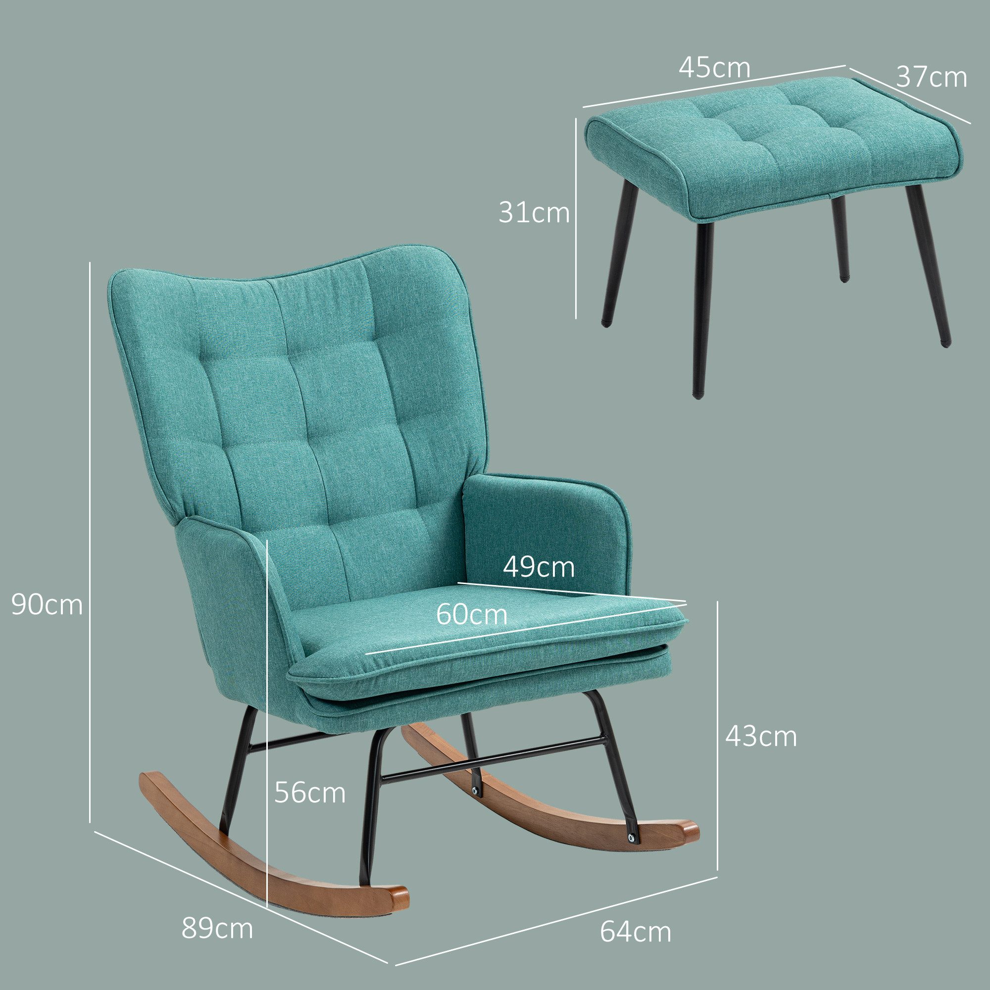 HOMCOM Schaukelsessel Stillsessel mit Hocker (Schaukelstuhl, 2-St., Schwingsessel), für Wohnzimmer, Schlafzimmer, 64L x 89B x 90H cm, Dunkelgrün