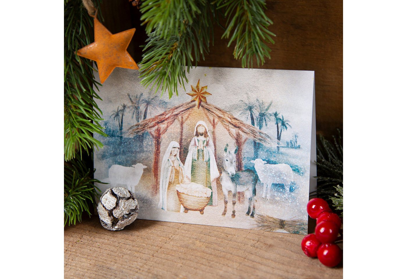Thumbnail - Logbuch-Verlag Weihnachtskarte 3 Weihnachtskarten mit Kuvert + Weihnachtskrippe aus Holz Weihnachten