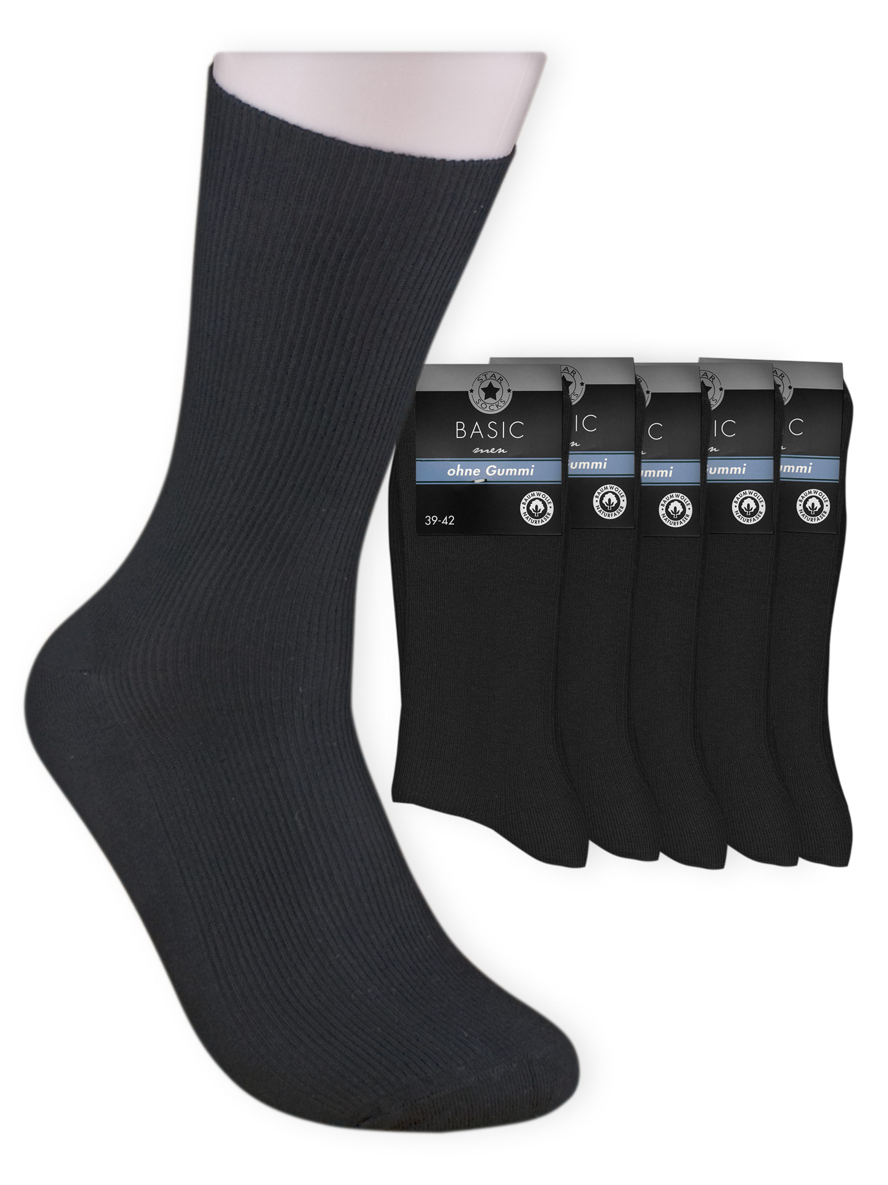 Die Шкарпеткиbude Basicsocken BASIC - Herrensocken (Bund, 5-Paar, schwarz) Diabetikersocken ohne Gummi aus 100 % Baumwolle