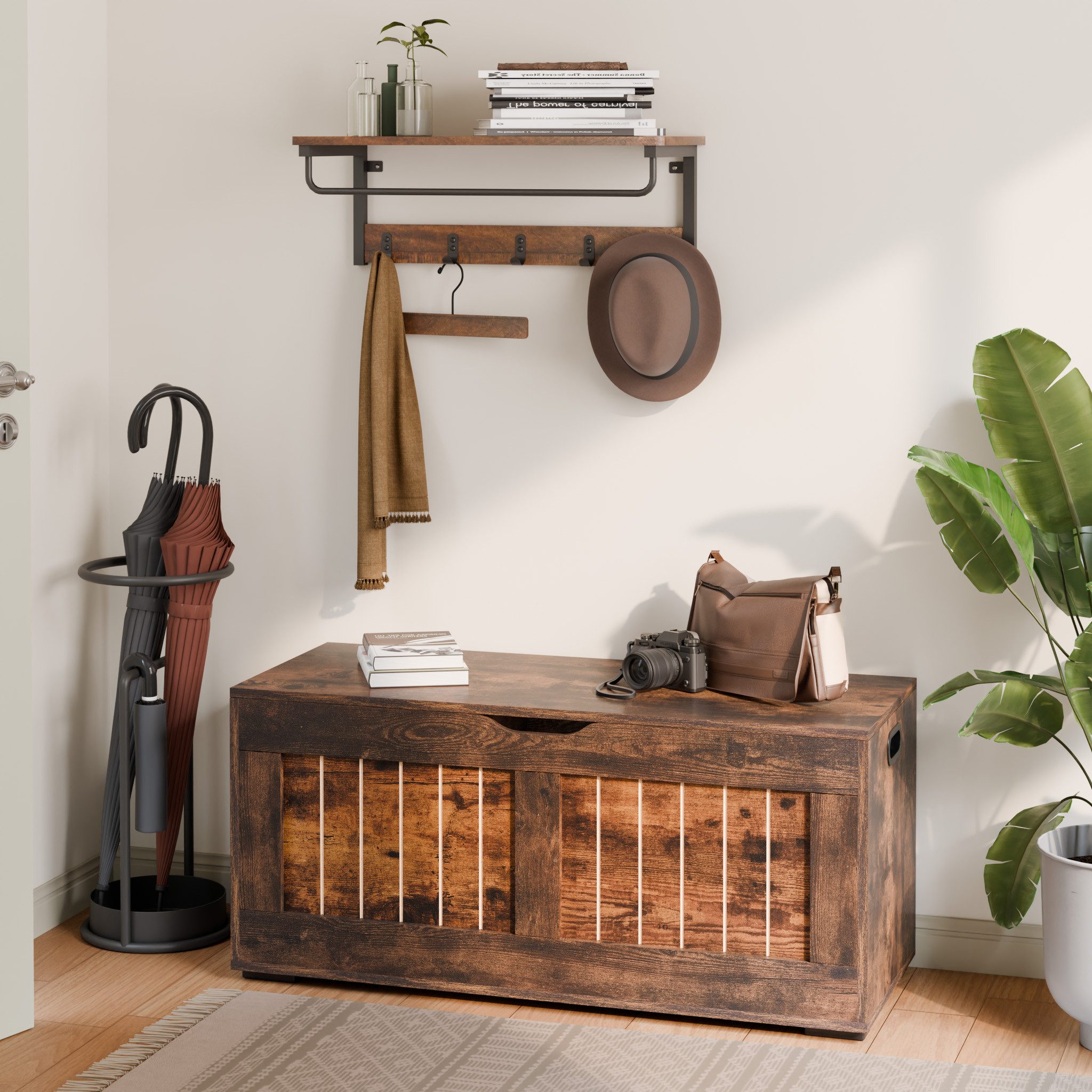 Mondeer Kommode Aufbewahrungsschrank (Aufbewahrungsbank, 100 x 49 x 40 cm), Deckenbox mit 4 Rollen, 2 Sicherheitsscharnieren, Braun